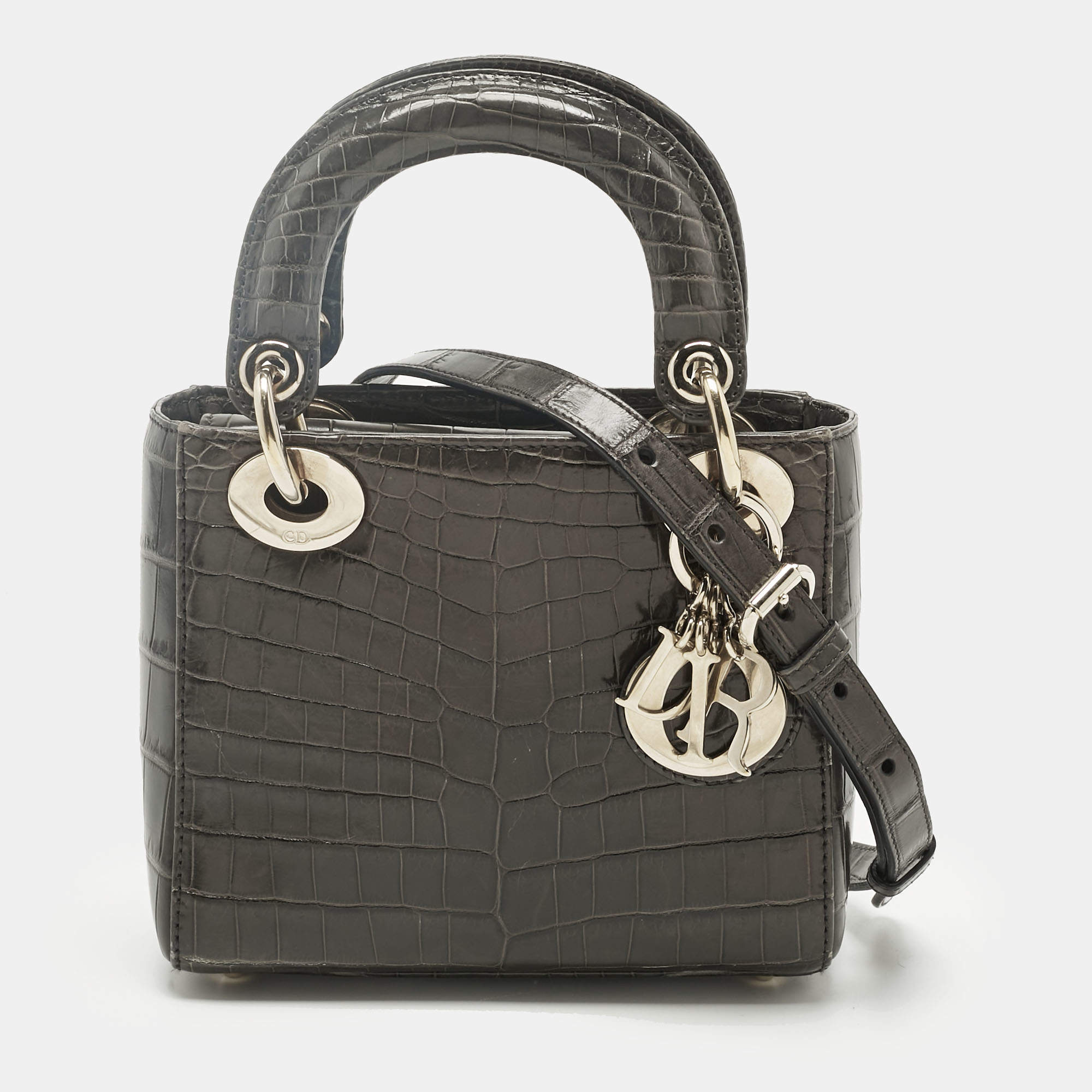Pre Owned Dior Dark Grey Alligator Mini Lady Dior Tote