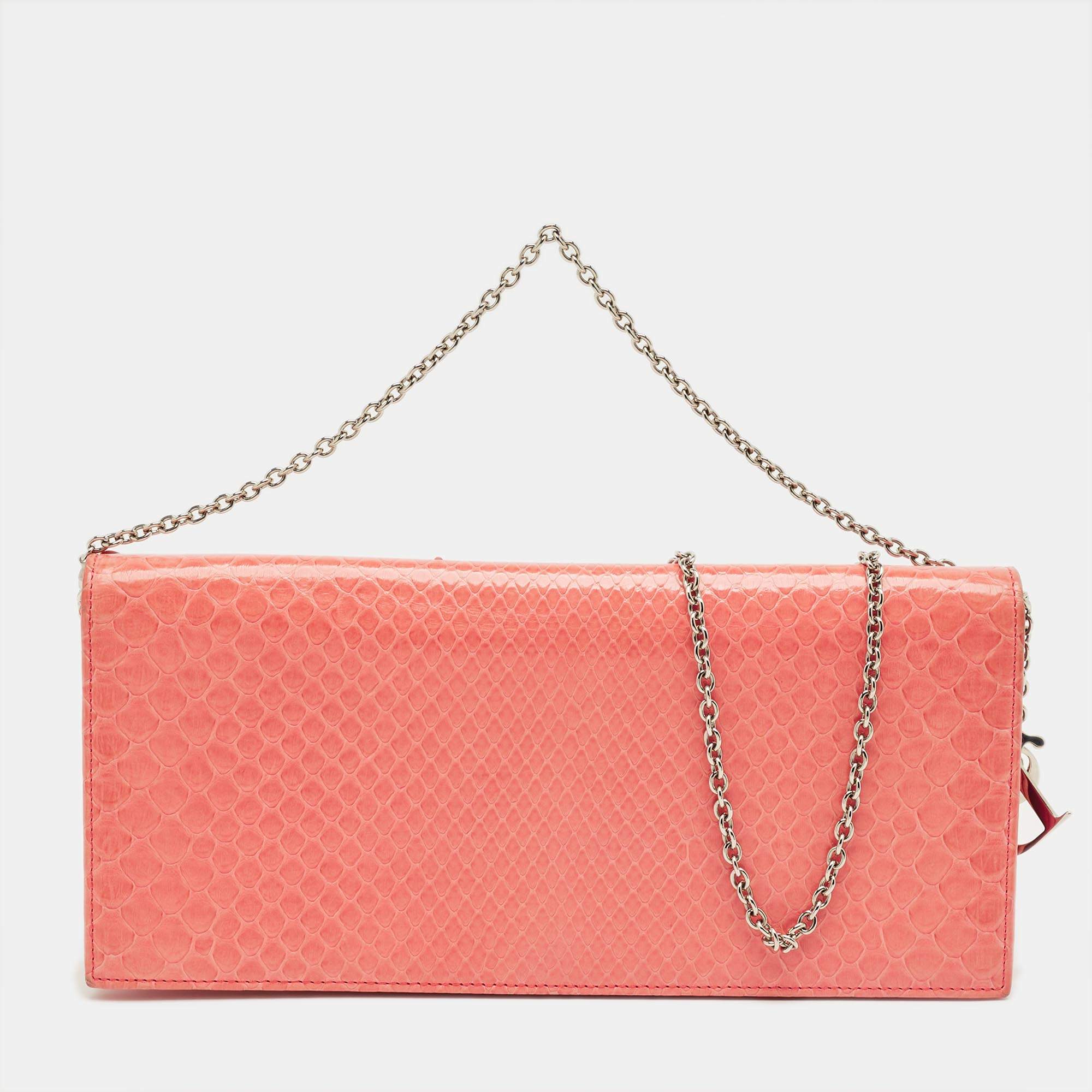 Pre Owned Dior Coral Orange Python Lady Dior Croisiere Chain Clutch