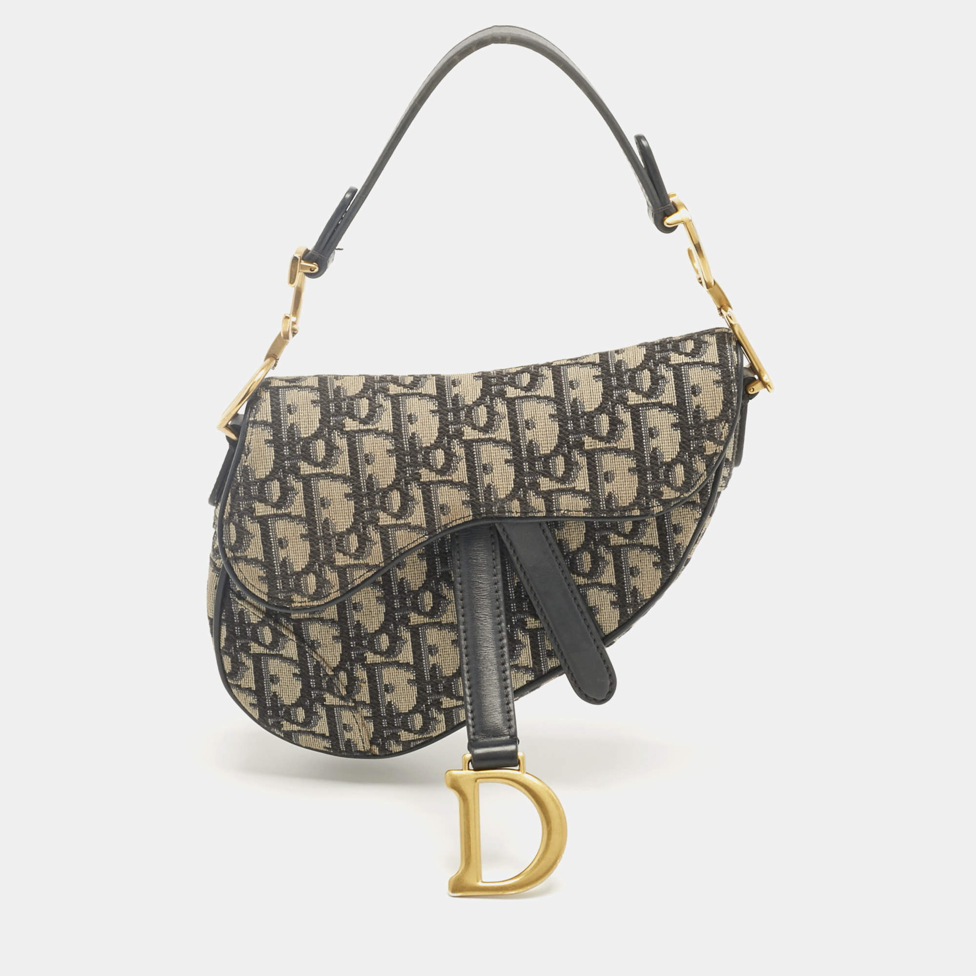 Pre Owned Dior Navy Blue Oblique Canvas and Leather Mini Saddle Bag