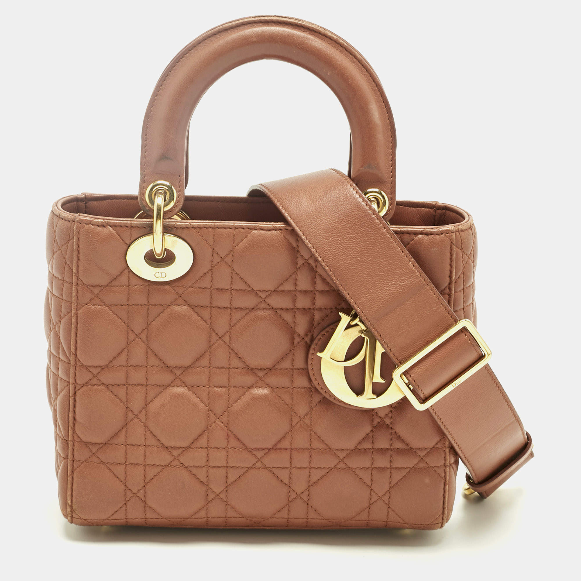 Pre Owned Dior Brown Cannage Leather Small Lady Dior Tote