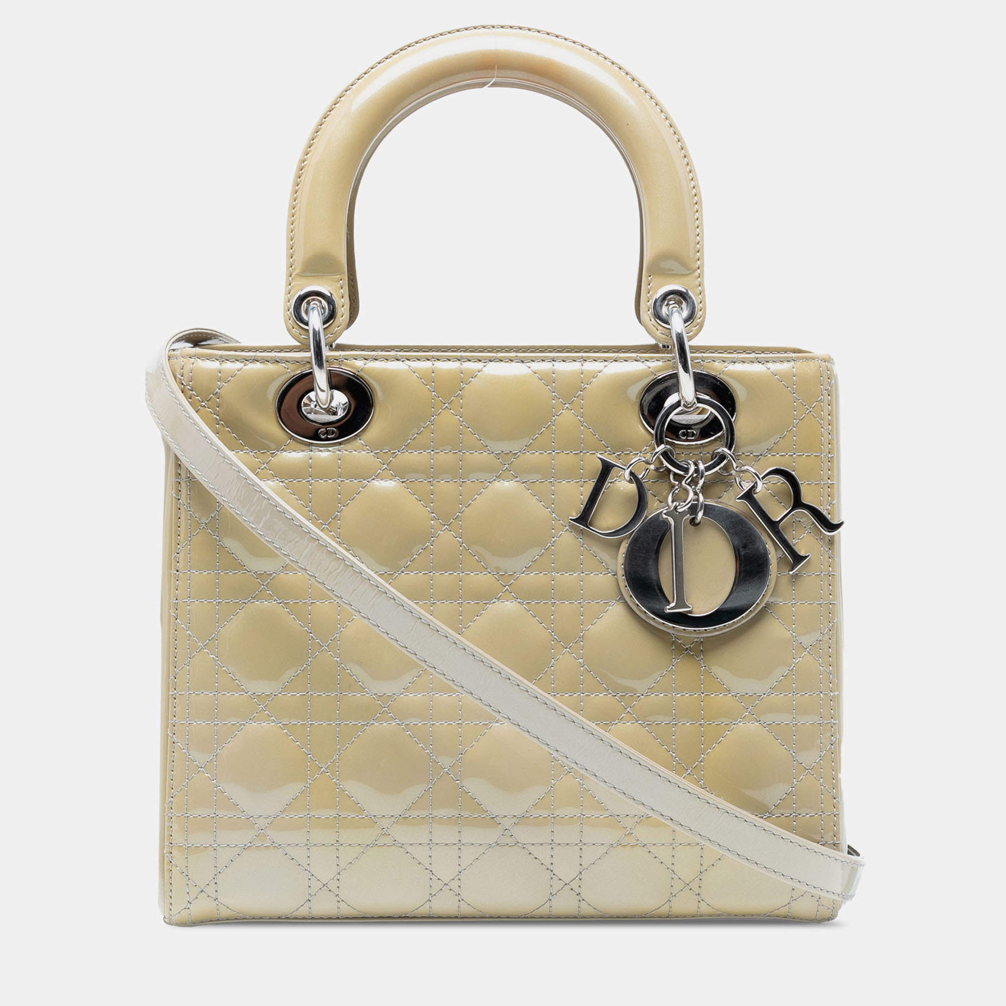 Pre Owned Dior Beige Brown Medium Patent Cannage Lady Dior