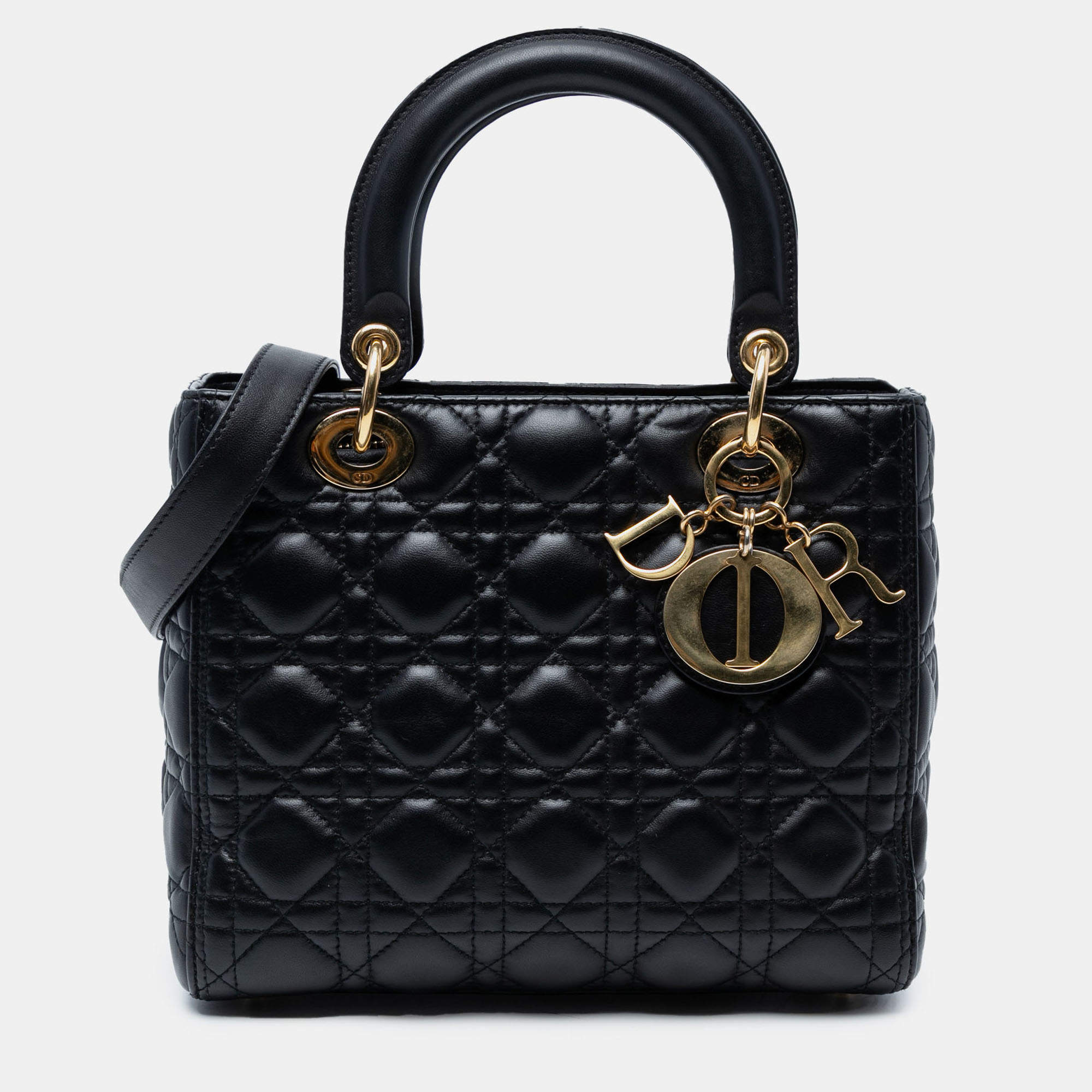 Pre Owned Dior Black Medium Lambskin Cannage Lady Dior