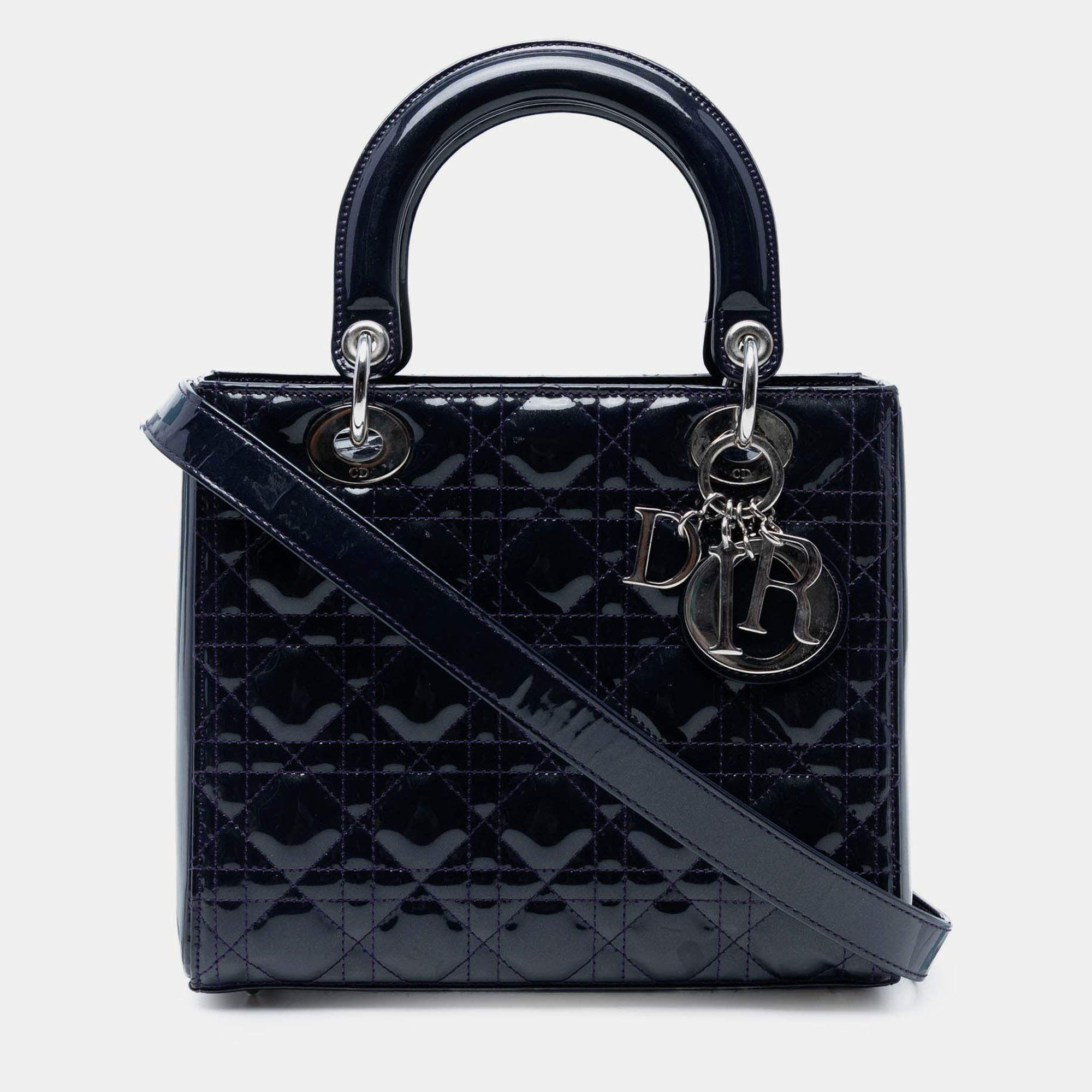 Pre Owned Dior Navy Blue Medium Patent Cannage Lady Dior