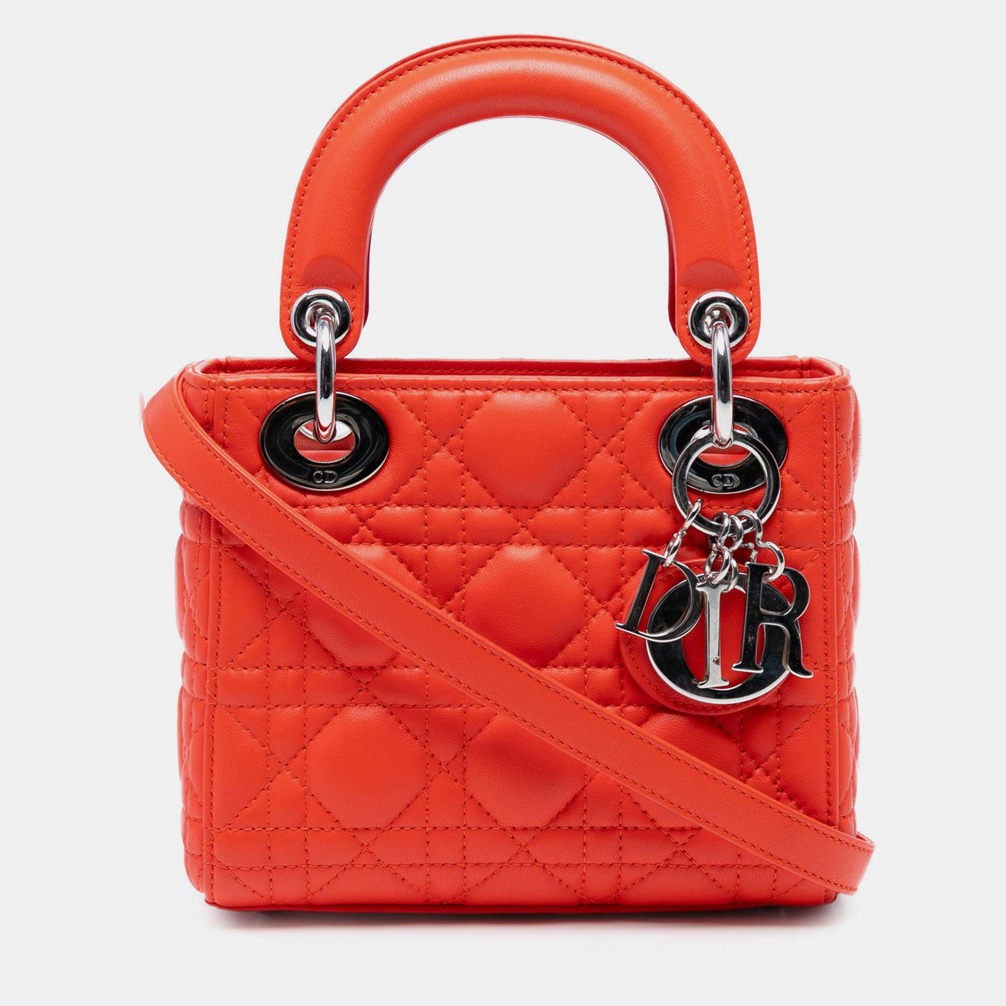 Pre Owned Dior Orange Mini Lambskin Cannage Lady Dior