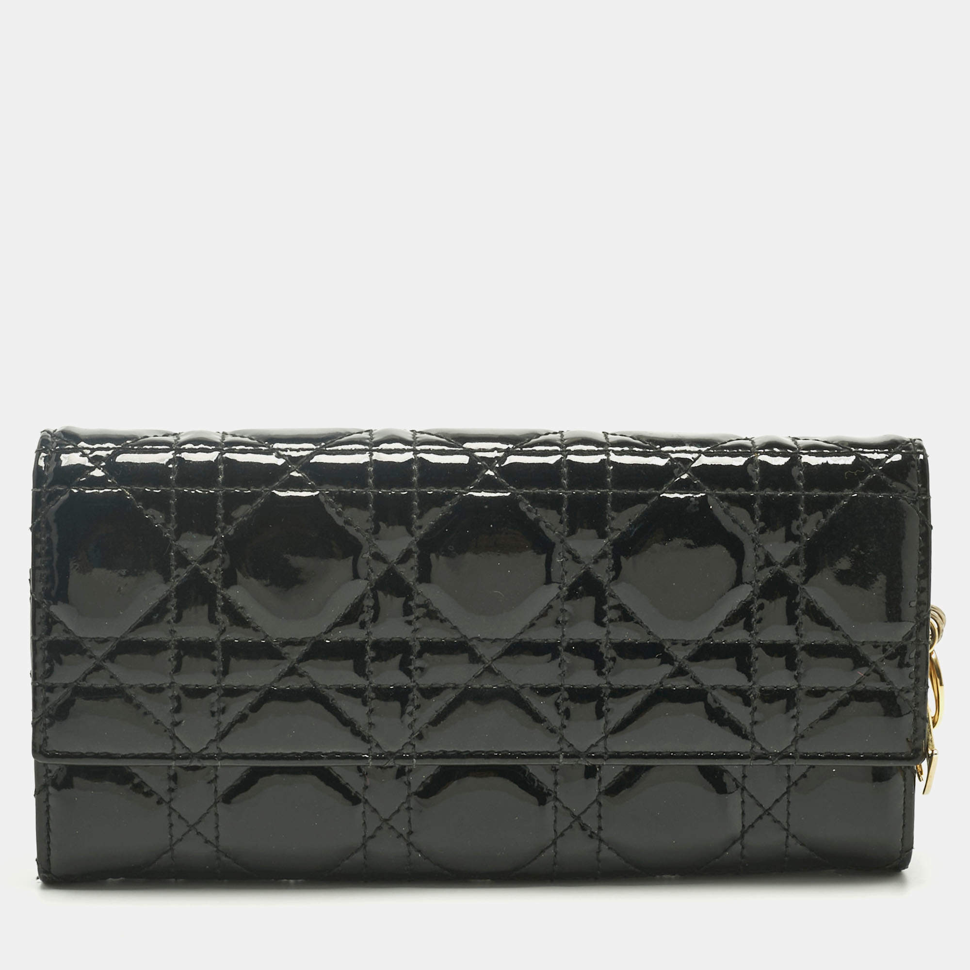 Pre Owned Dior Black Cannage Patent Leather Lady Dior Continental Wallet