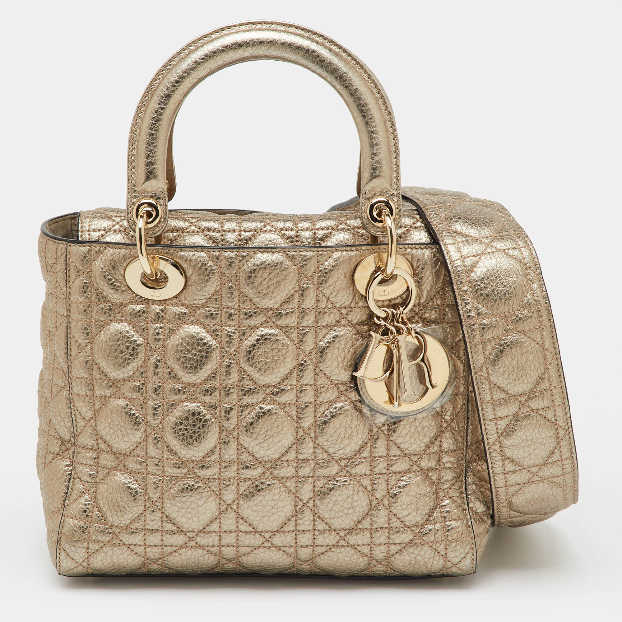 Pre Owned Dior Metallic Gold Cannage Soft Leather Medium Lady Dior Tote