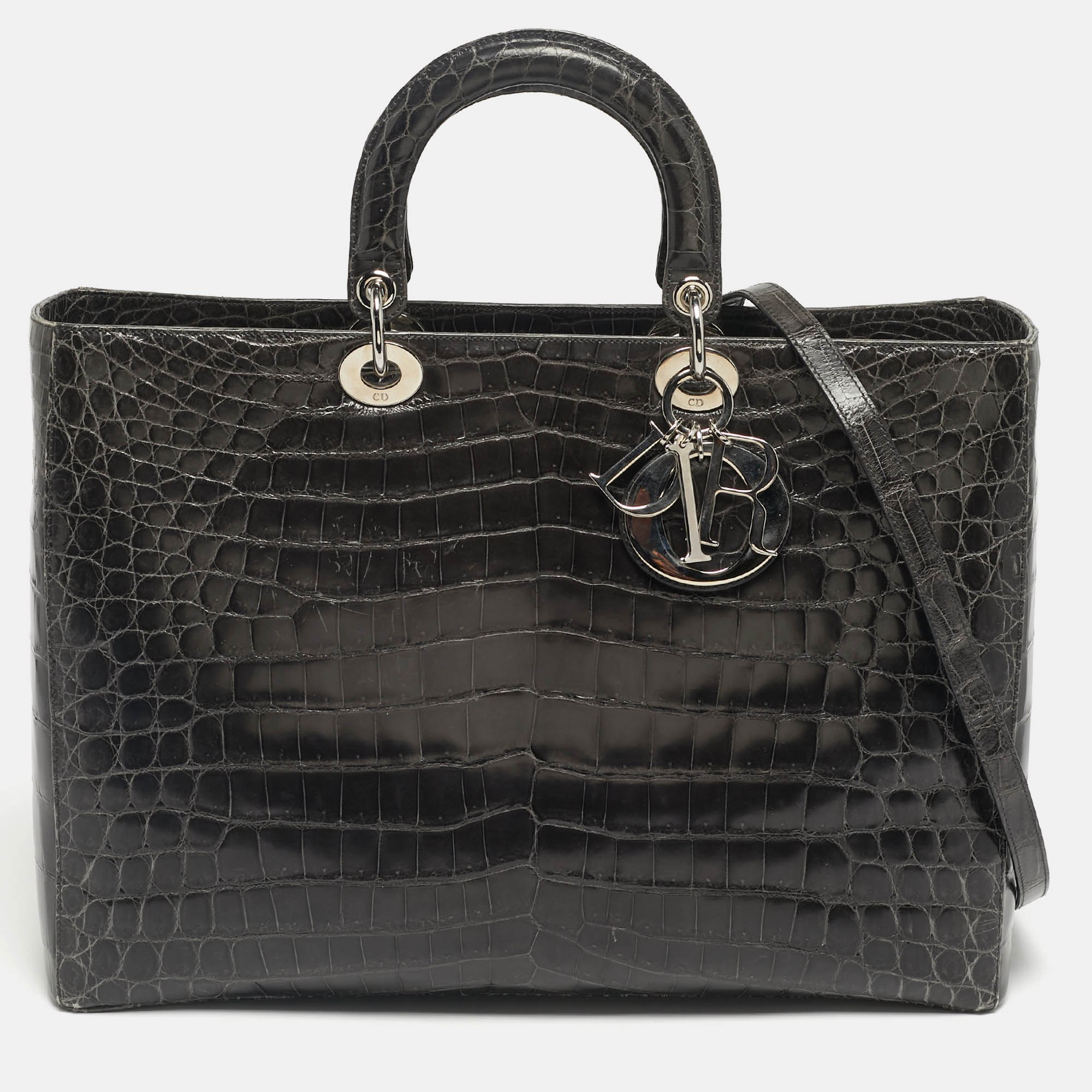 Pre Owned Dior Dark Grey Shine Crocodile Extra Large Lady Dior Tote