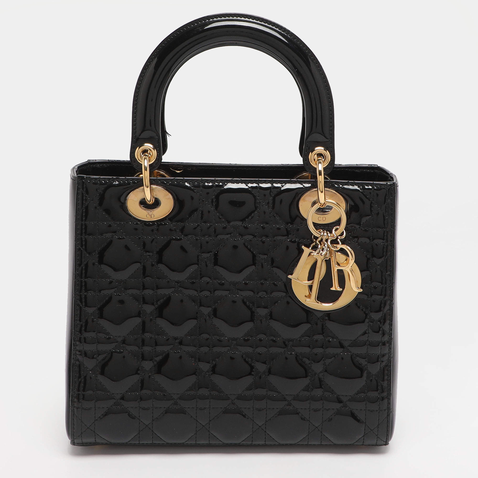 Pre Owned Dior Black Cannage Patent Leather Medium Lady Dior Tote