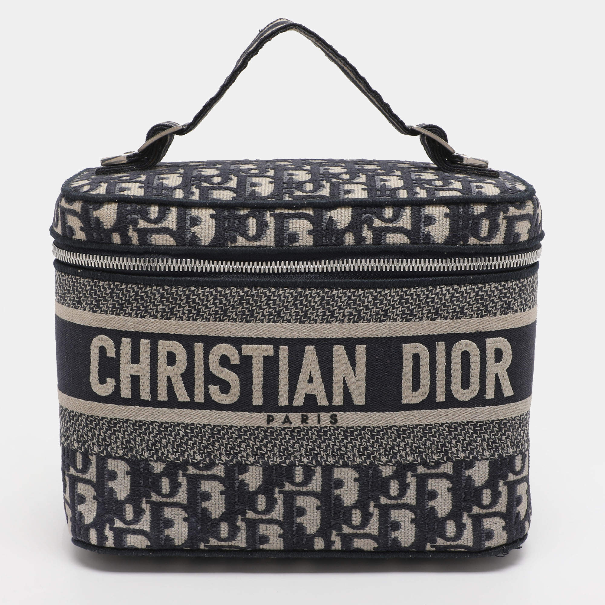 Pre Owned Dior Blue Oblique Canvas Travel Vanity Case Top Handle Bag