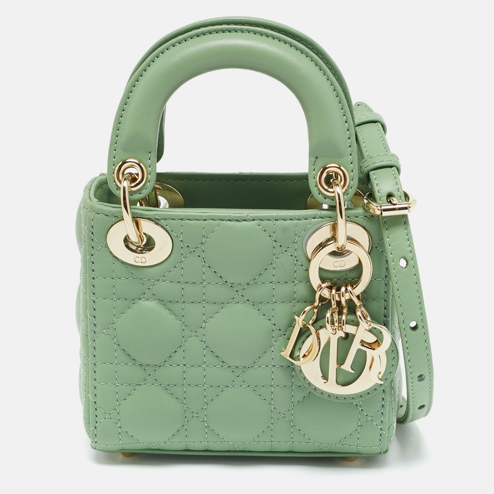 Pre Owned Dior Green Cannage Leather Micro Lady Dior Tote