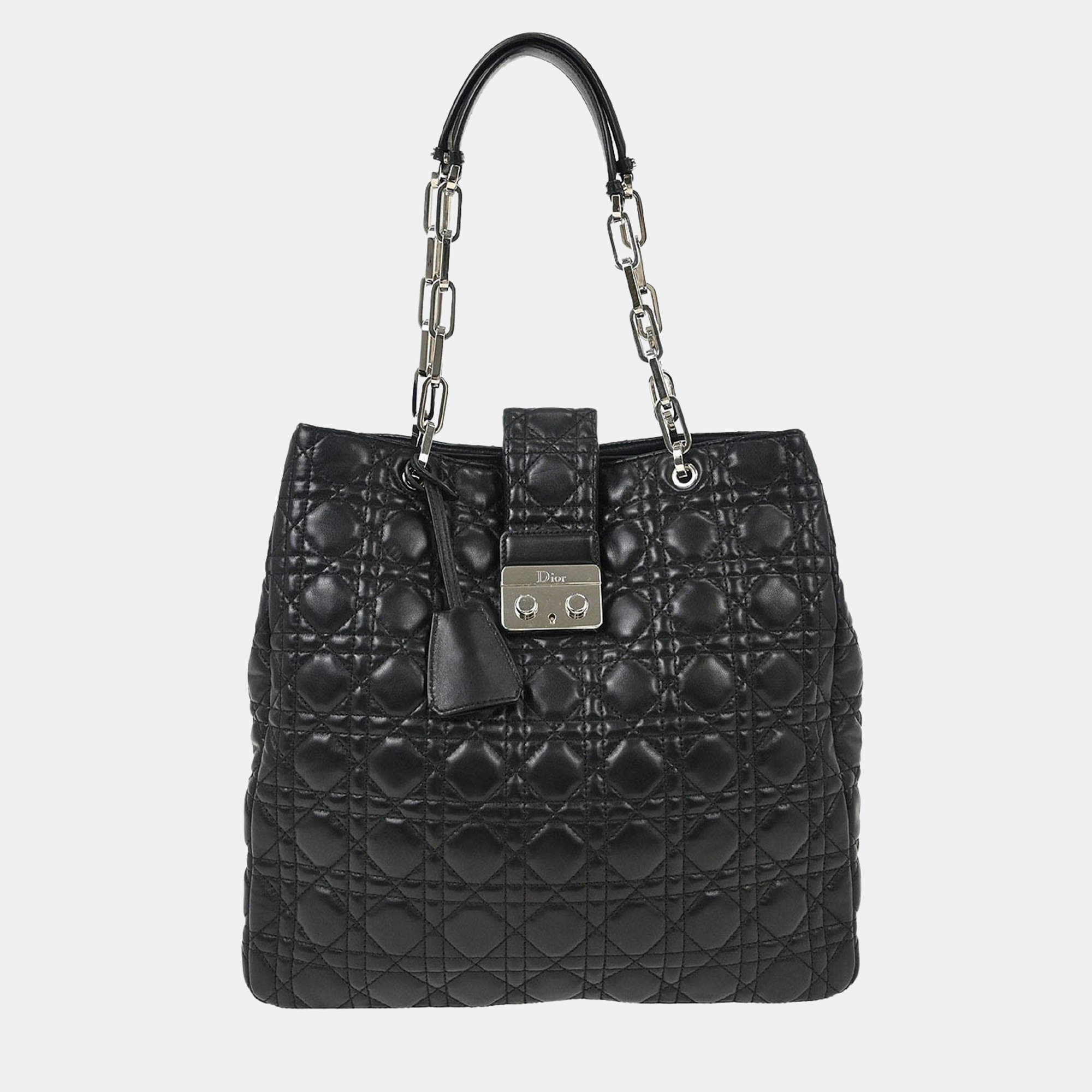Pre Owned Christian Dior Black Lambskin Lady Dior Cannage Tote Handbag