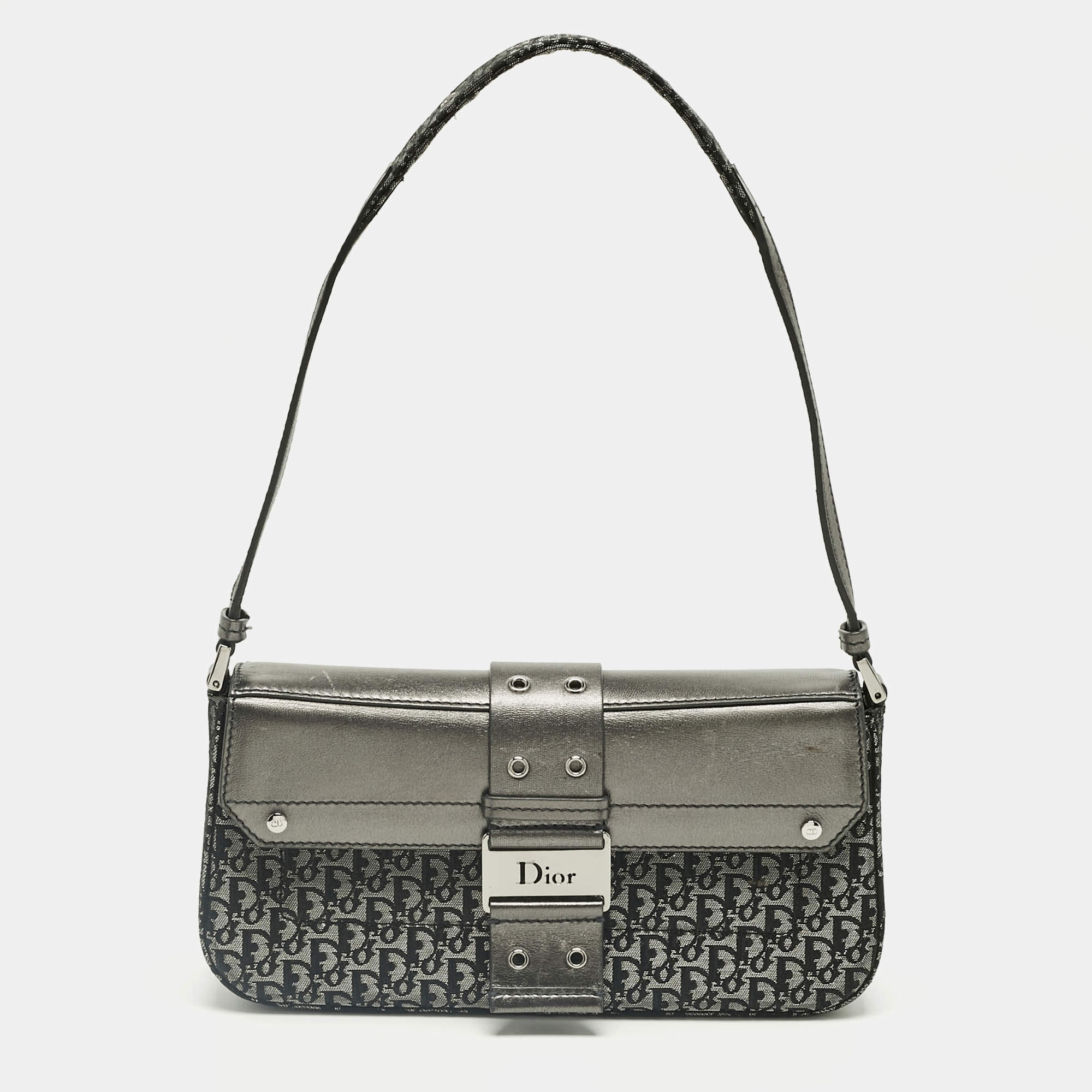 Pre Owned Dior Metallic Grey Oblique Canvas and Leather Street Chic Shoulder Bag