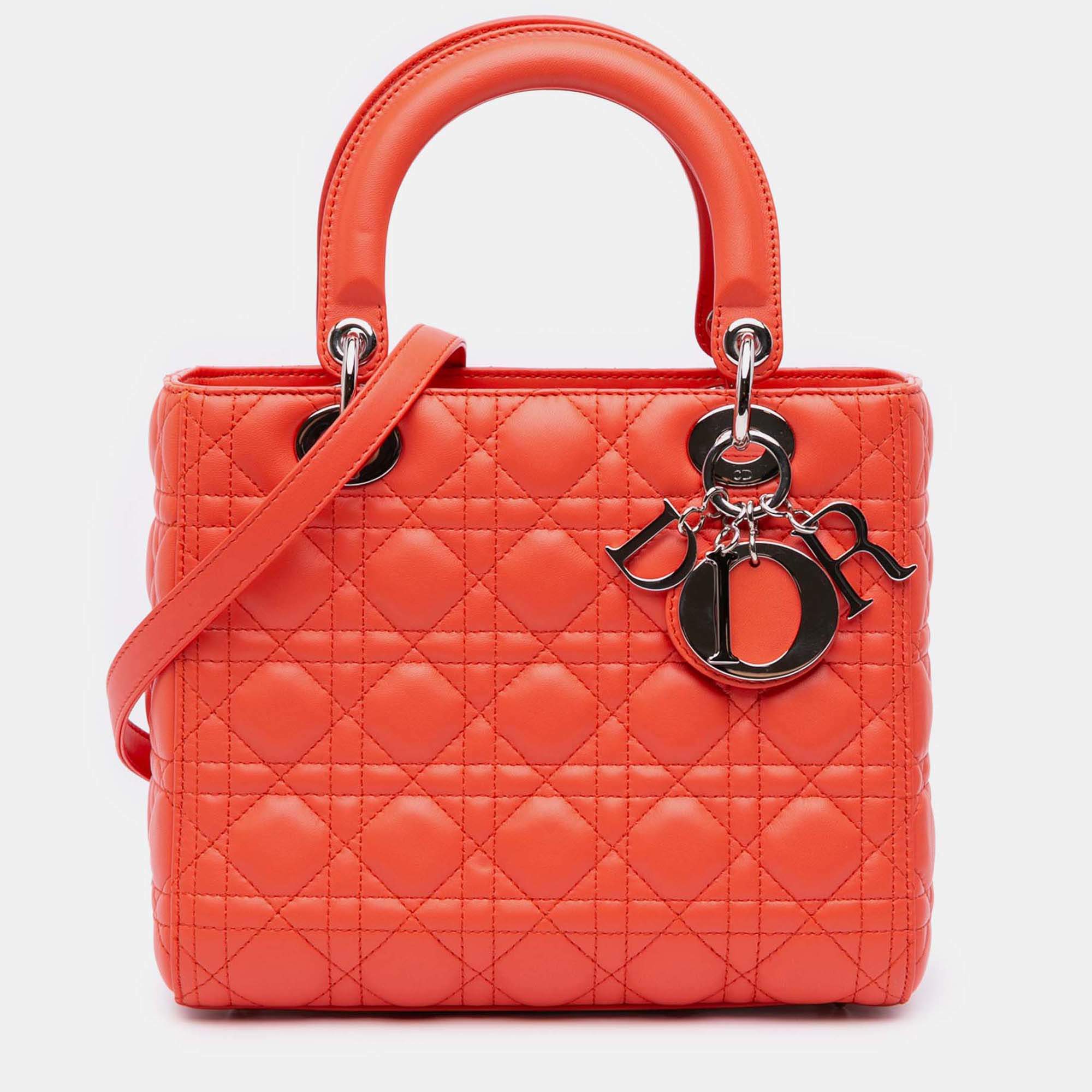 Pre Owned Dior Orange Medium Lambskin Cannage Lady Dior