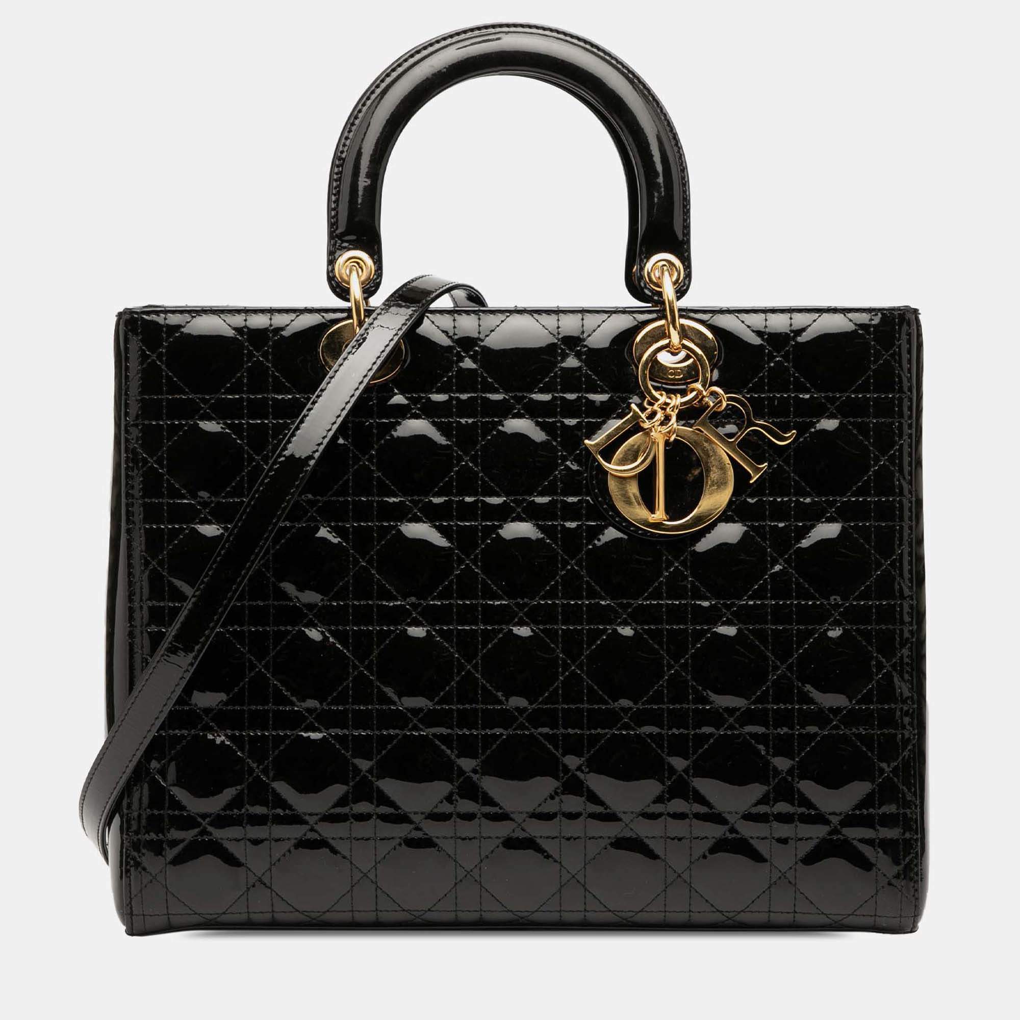 Pre Owned Dior Black Large Patent Cannage Lady Dior