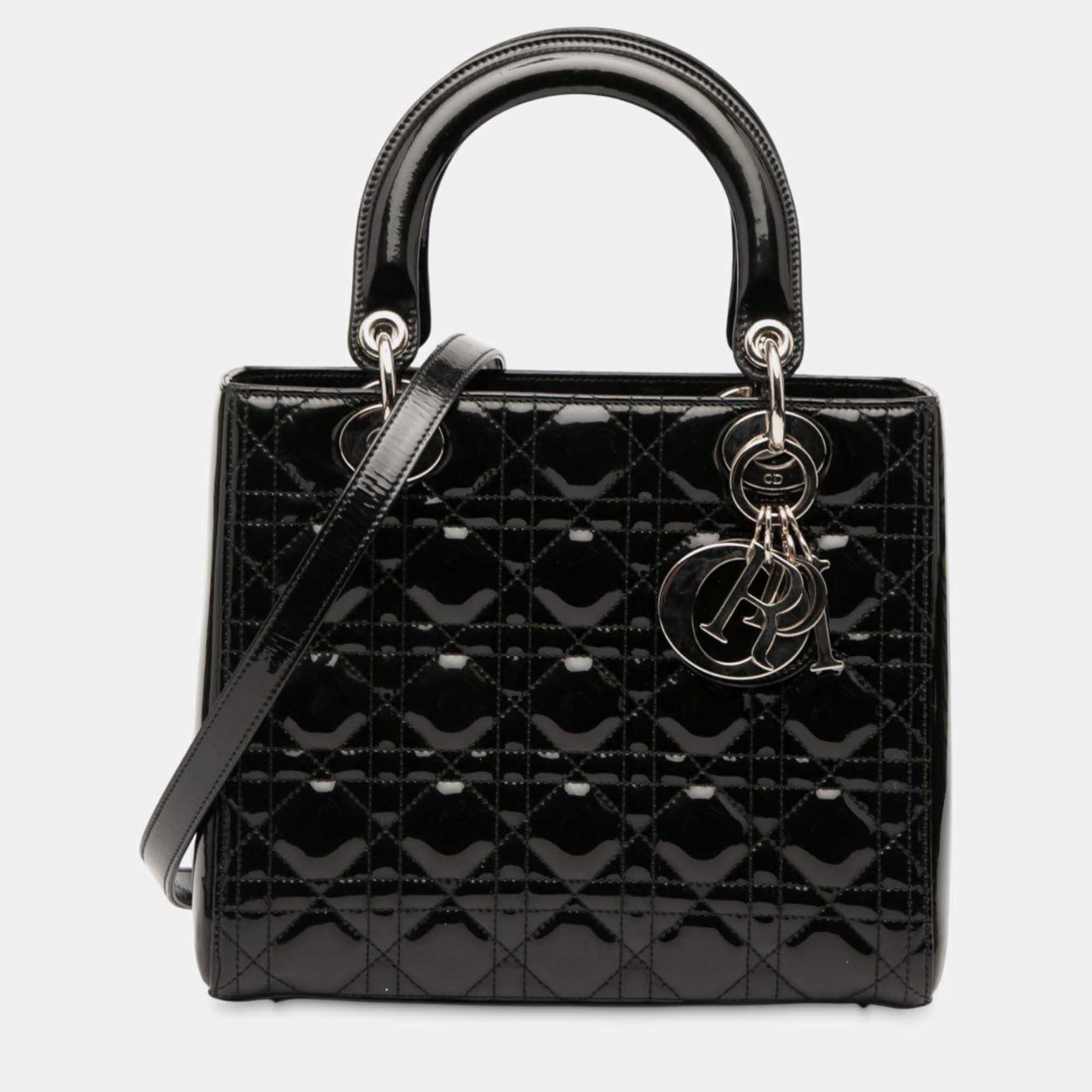 Pre Owned Dior Black Medium Patent Cannage Lady Dior