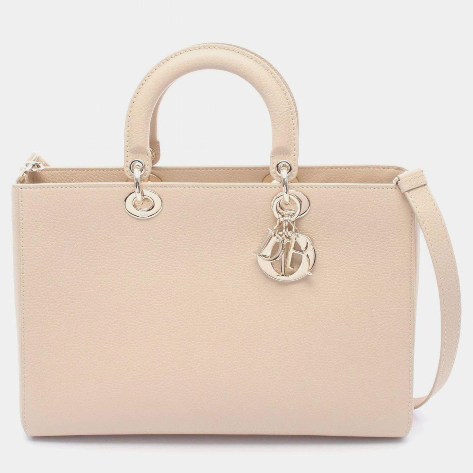 Pre Owned Christian Dior Dior Lady D-Sire Large Handbag Leather Beige