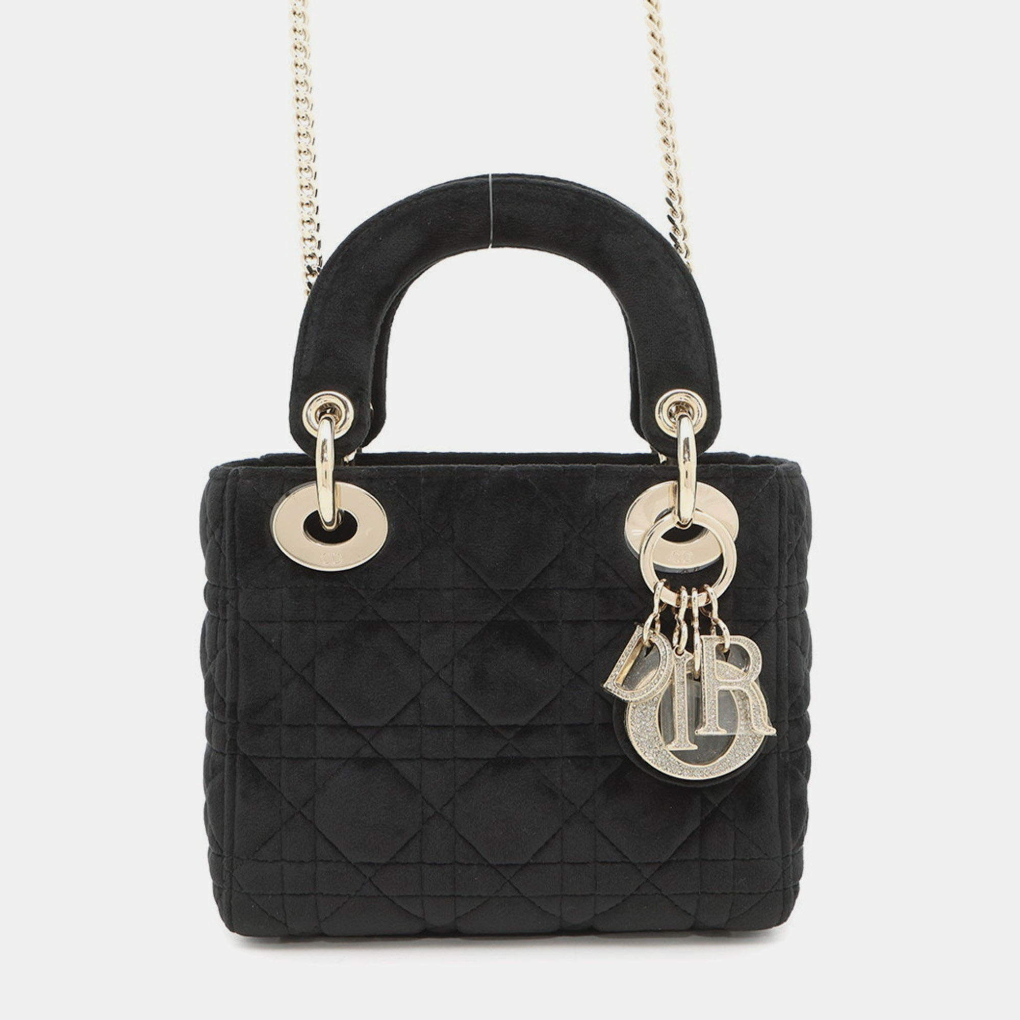 Pre Owned Christian Dior Handbag Lady Cannage Mini Velour Shoulder Bag Black