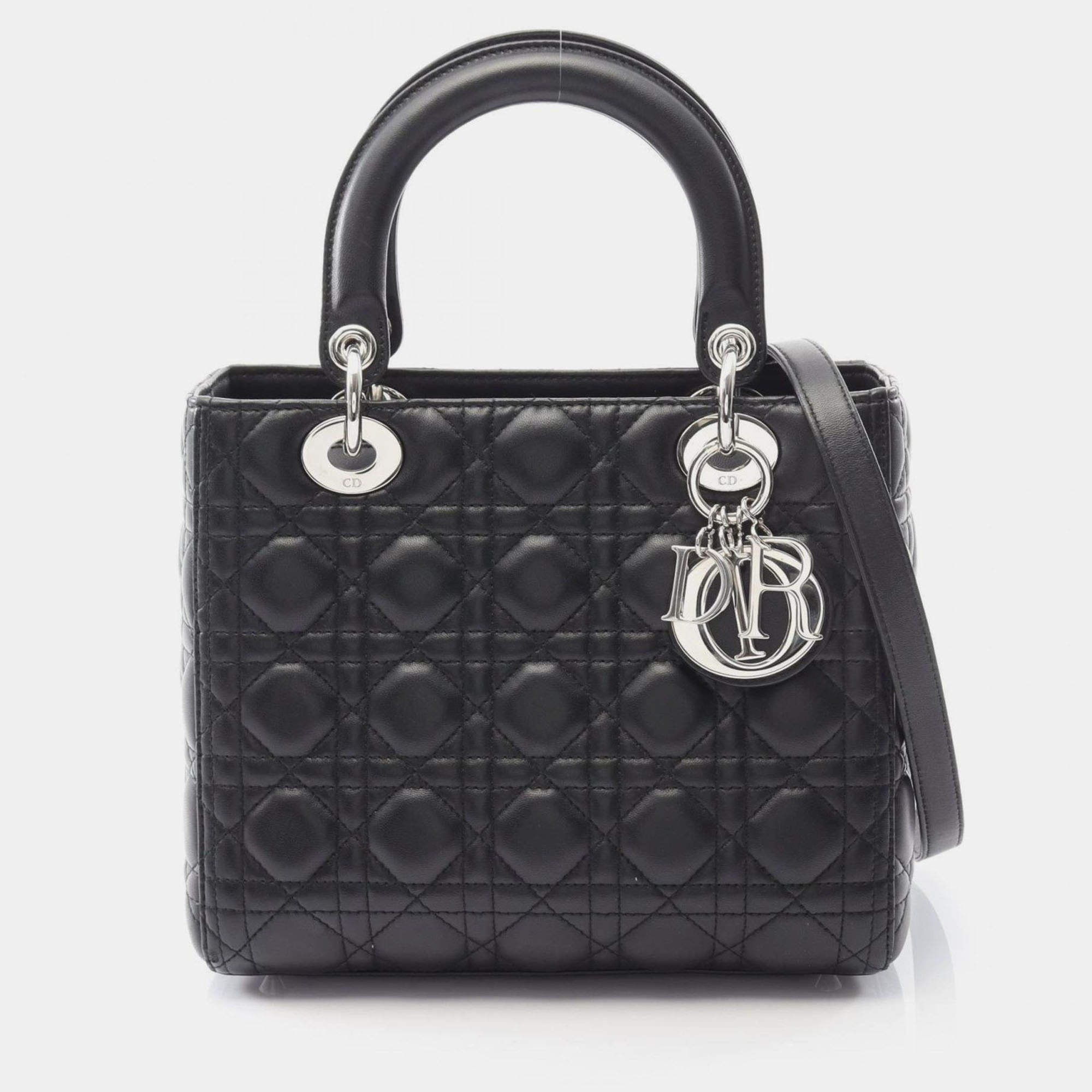 Pre Owned Christian Dior Dior Lady Cannage Handbag Leather Black