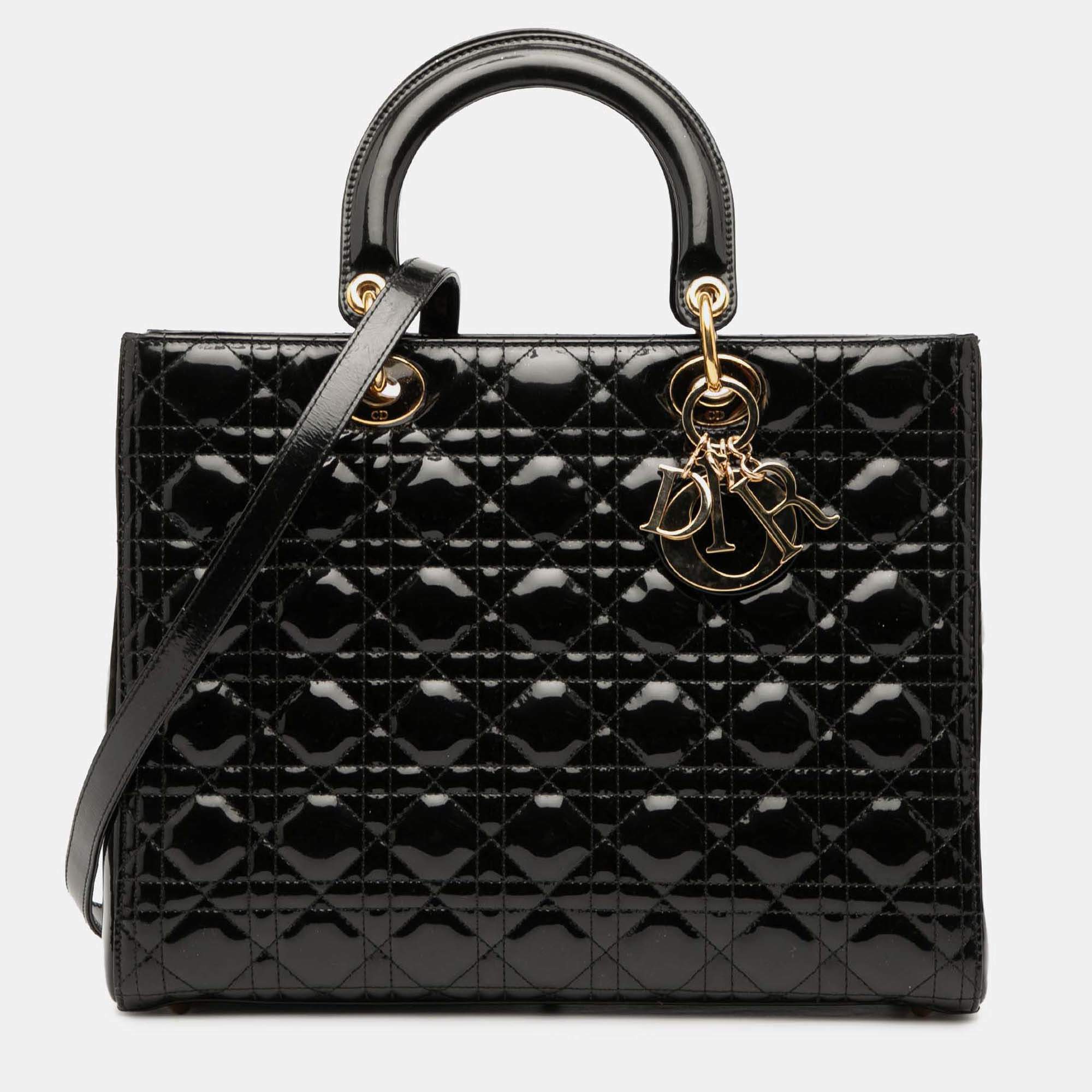 Pre Owned Dior Black Large Patent Cannage Lady Dior