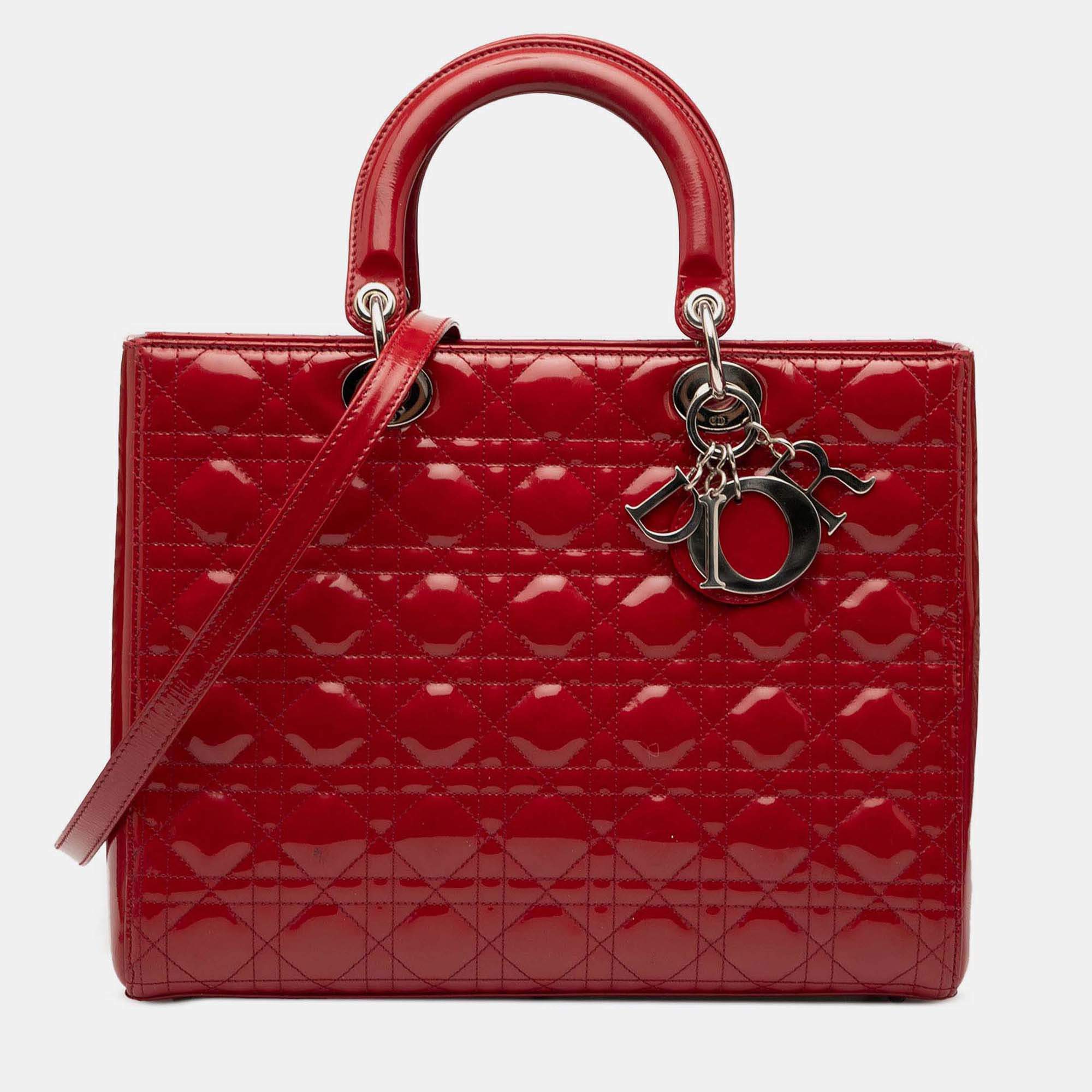 Pre Owned Dior Red Large Patent Cannage Lady Dior