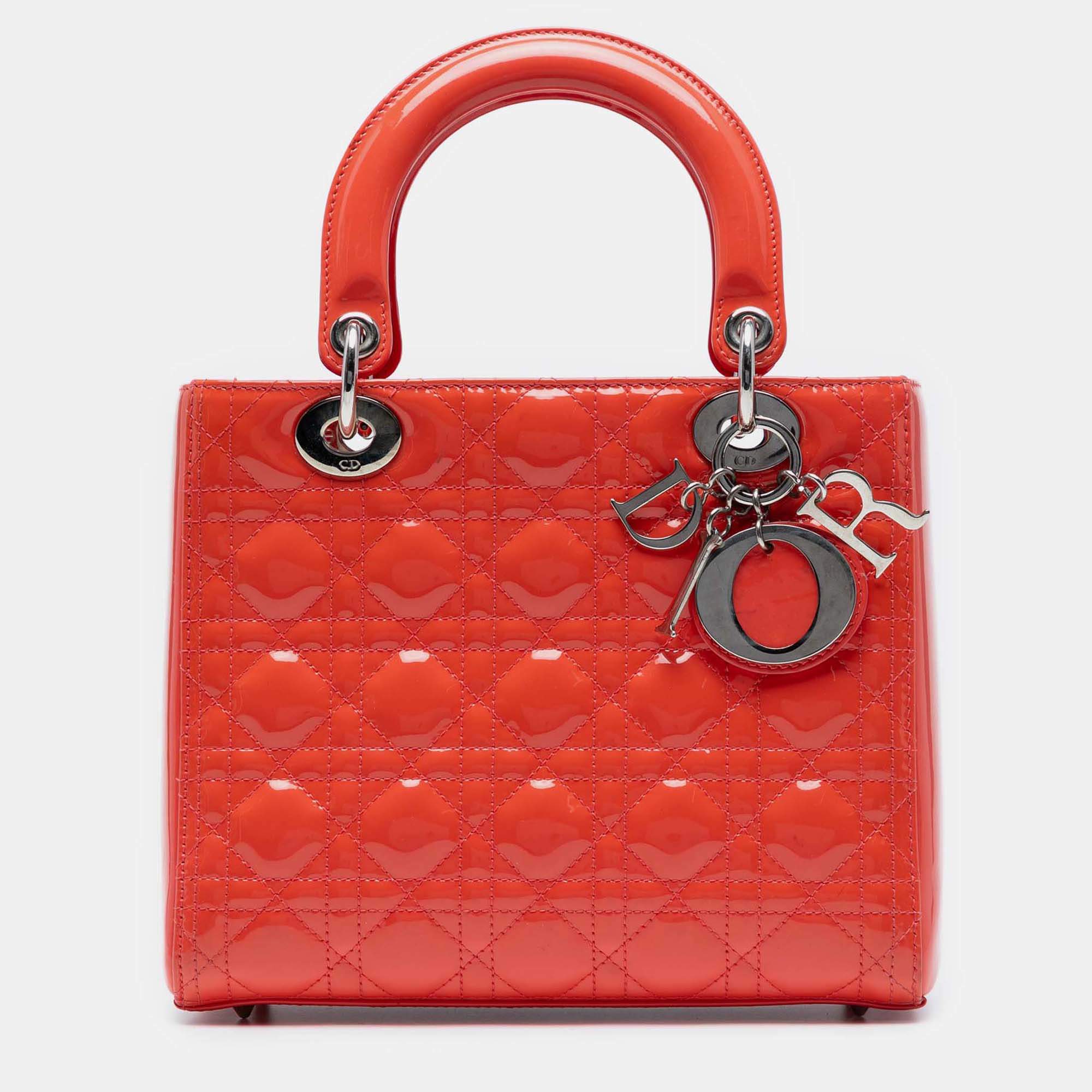 Pre Owned Dior Orange Medium Patent Cannage Lady Dior