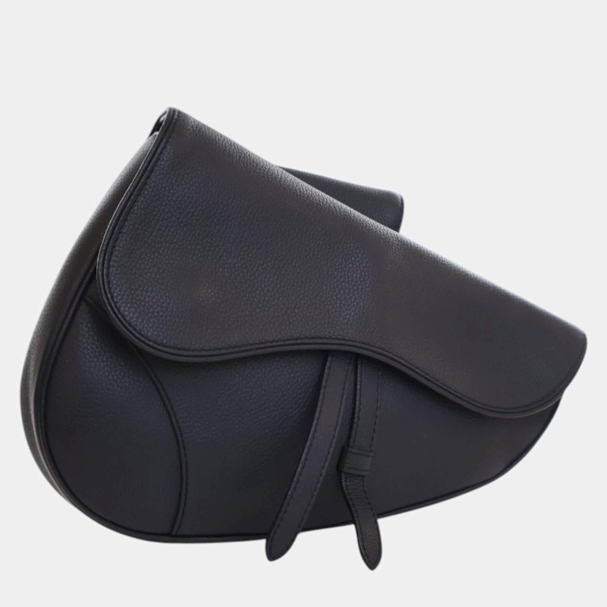 Pre Owned Dior Navy Blue Grained Calfskin Saddle Crossbody