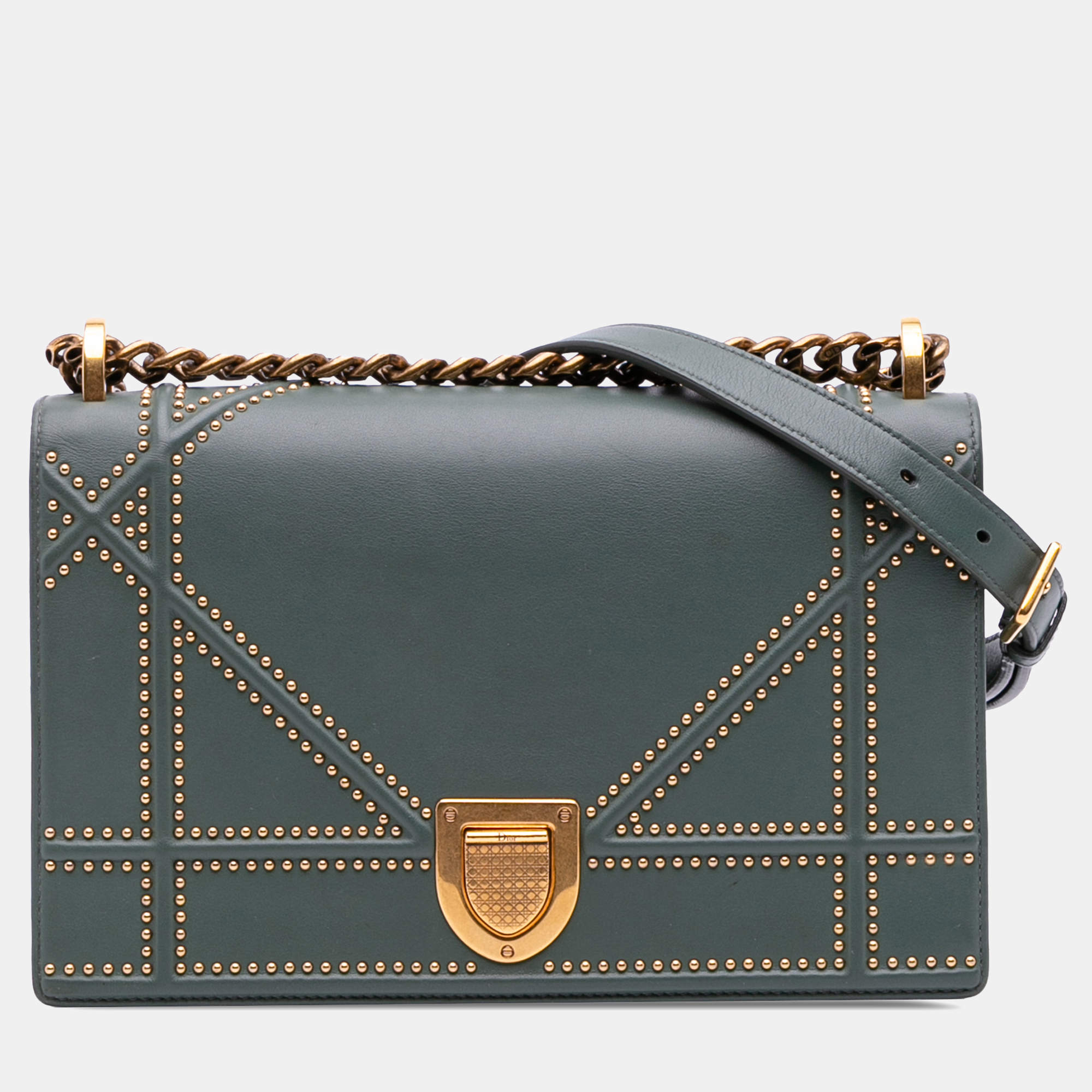 Pre Owned Dior Green Medium Studded Lambskin Diorama Flap