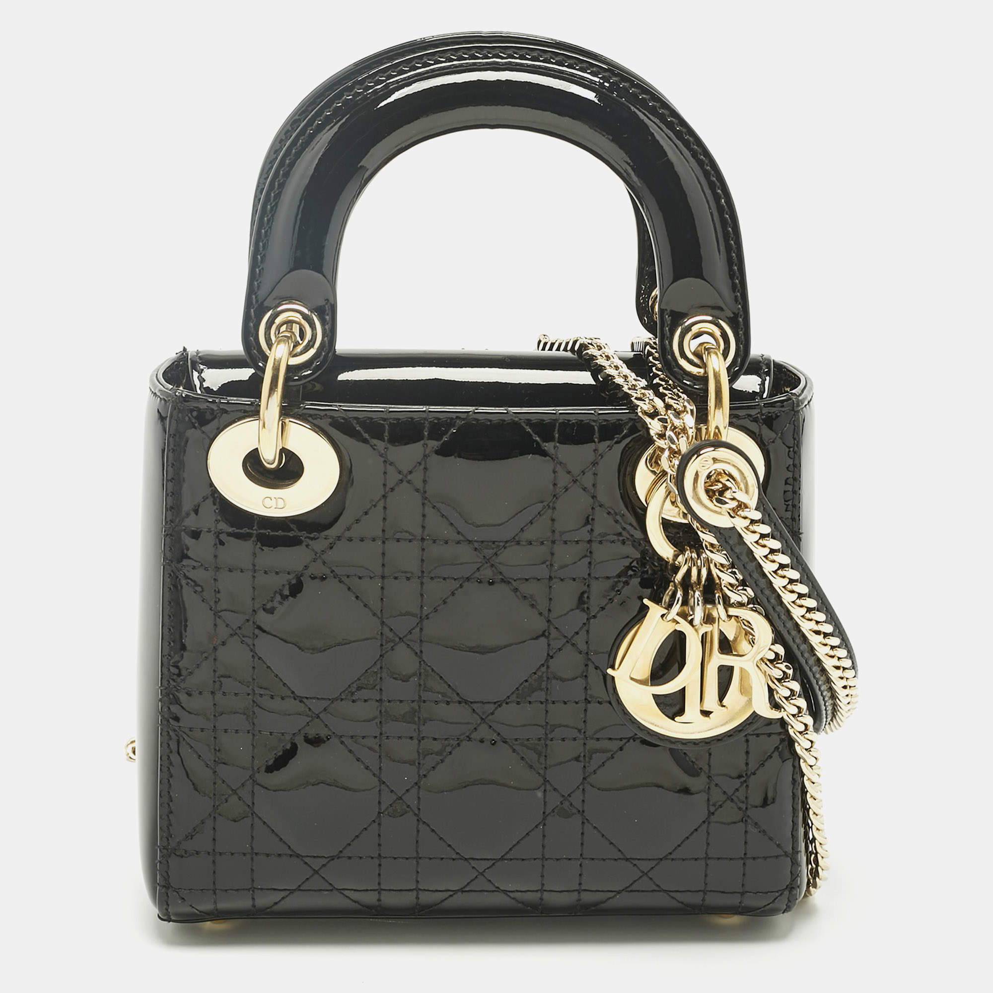 Pre Owned Dior Black Cannage Patent Leather Mini Lady Dior Tote