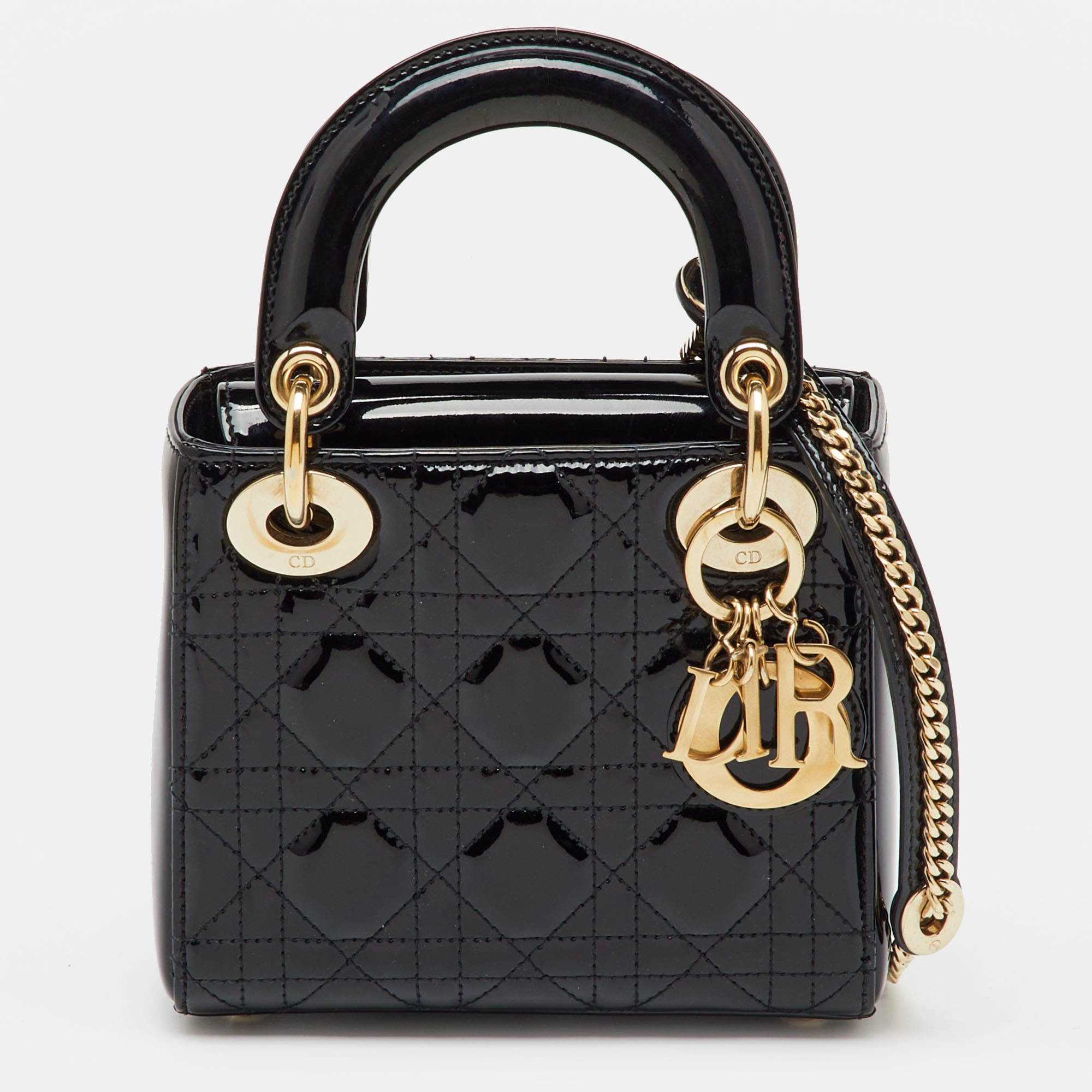 Pre Owned Dior Black Cannage Patent Leather Mini Lady Dior Tote