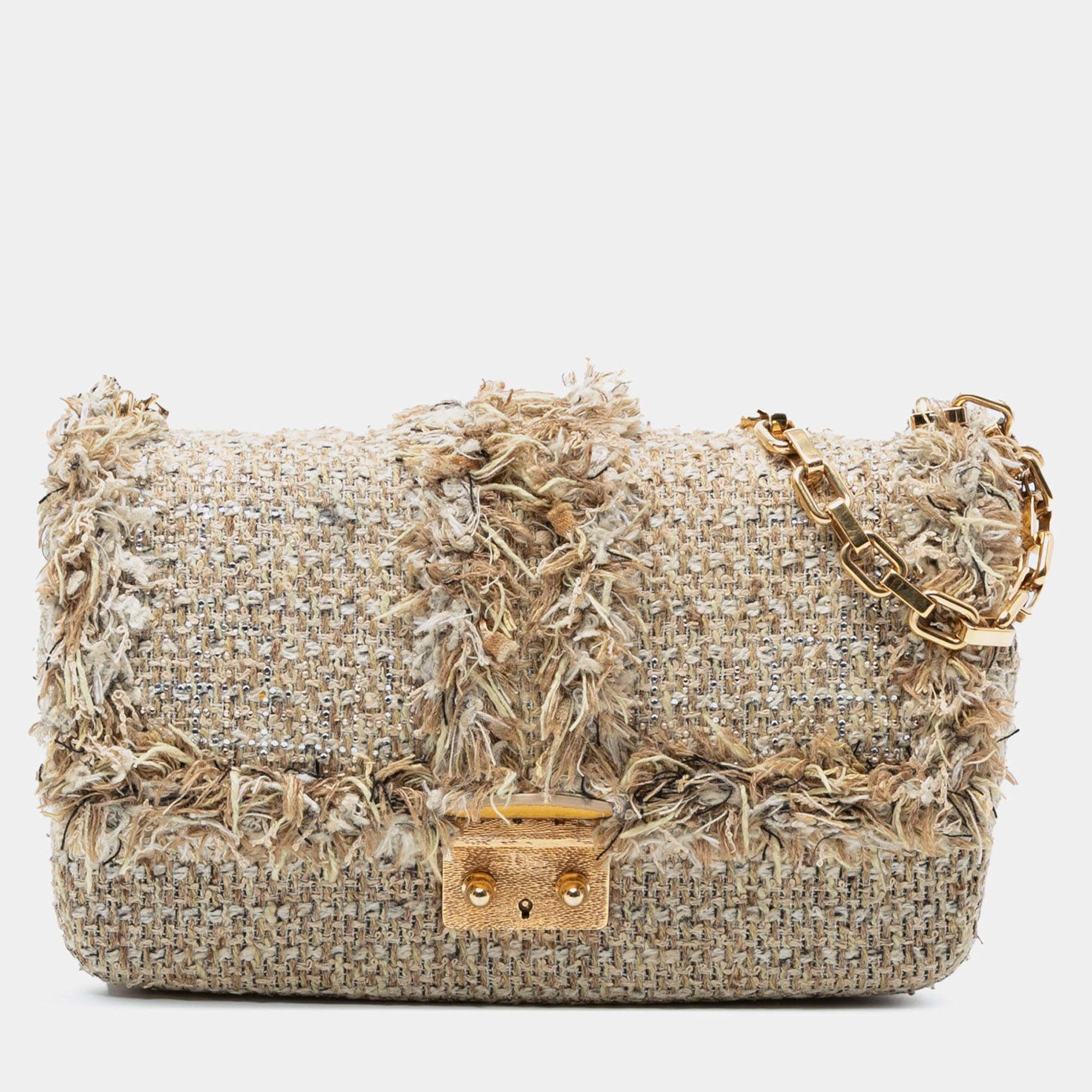 Pre Owned Dior Beige New Rock Tweed and Rhinestones Chain Shoulder Bag