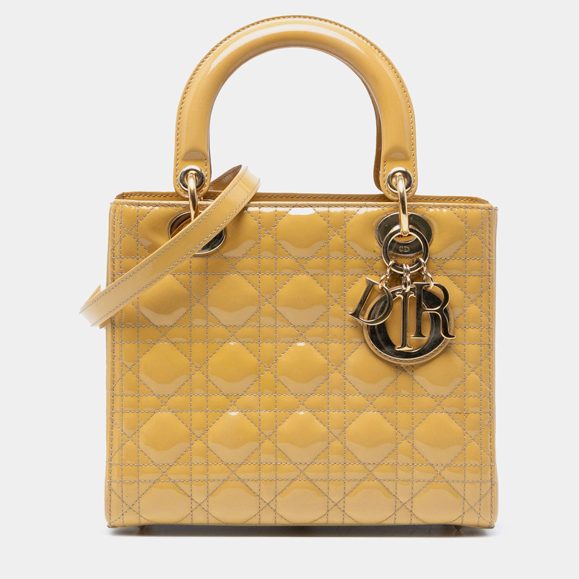 Pre Owned Dior Yellow Medium Patent Cannage Lady Dior
