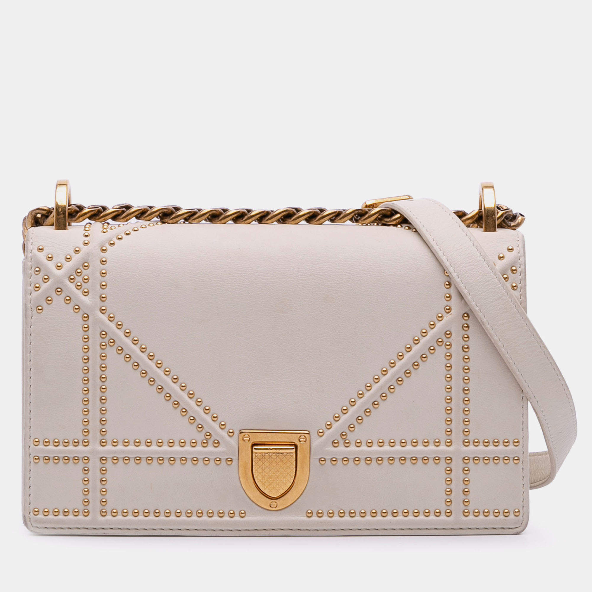Pre Owned Dior White Small Lambskin Studded Diorama Flap