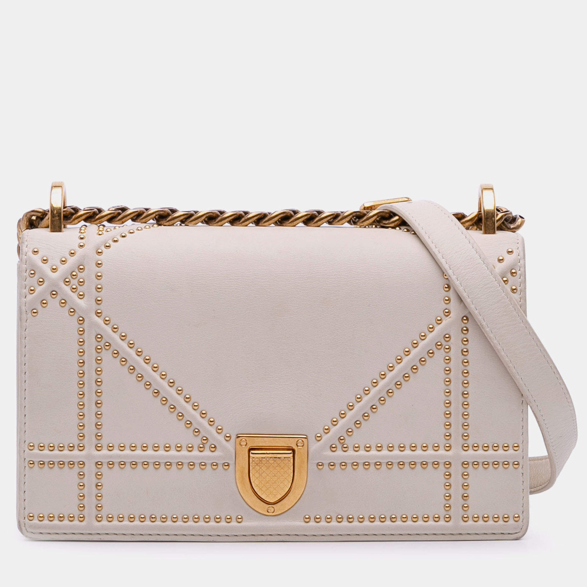 Pre Owned Dior White Small Lambskin Studded Diorama Flap