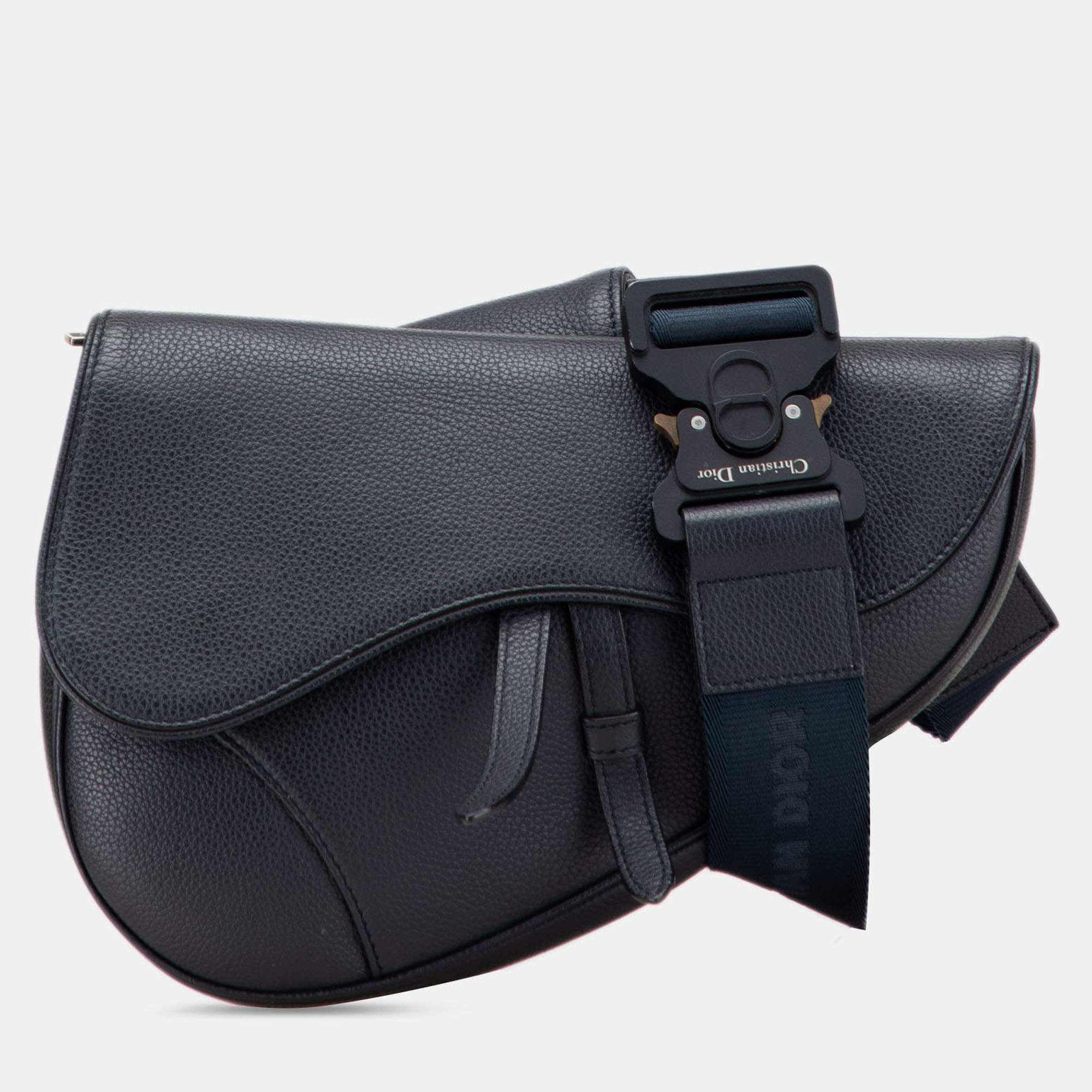 Pre Owned Dior Navy Blue Grained Calfskin Saddle Bag