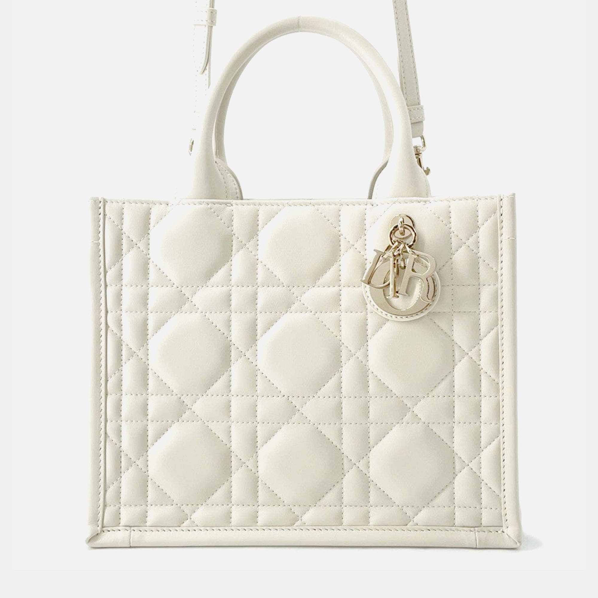 Pre Owned Dior Macrocannage Book Tote Latte White Calf Leather Size Small