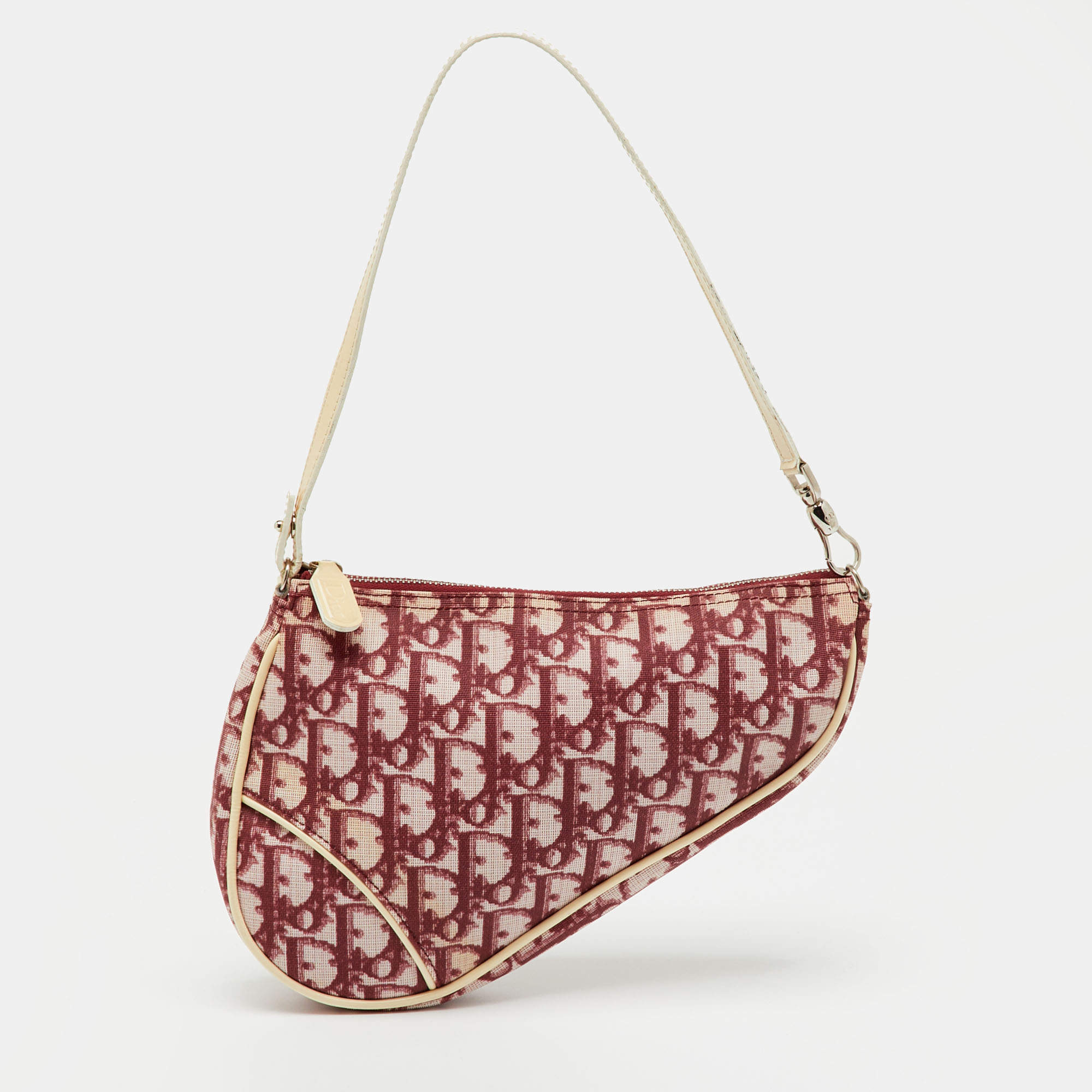 Pre Owned Dior Red/White Oblique Coated Canvas and Patent Leather Vintage Saddle Pochette