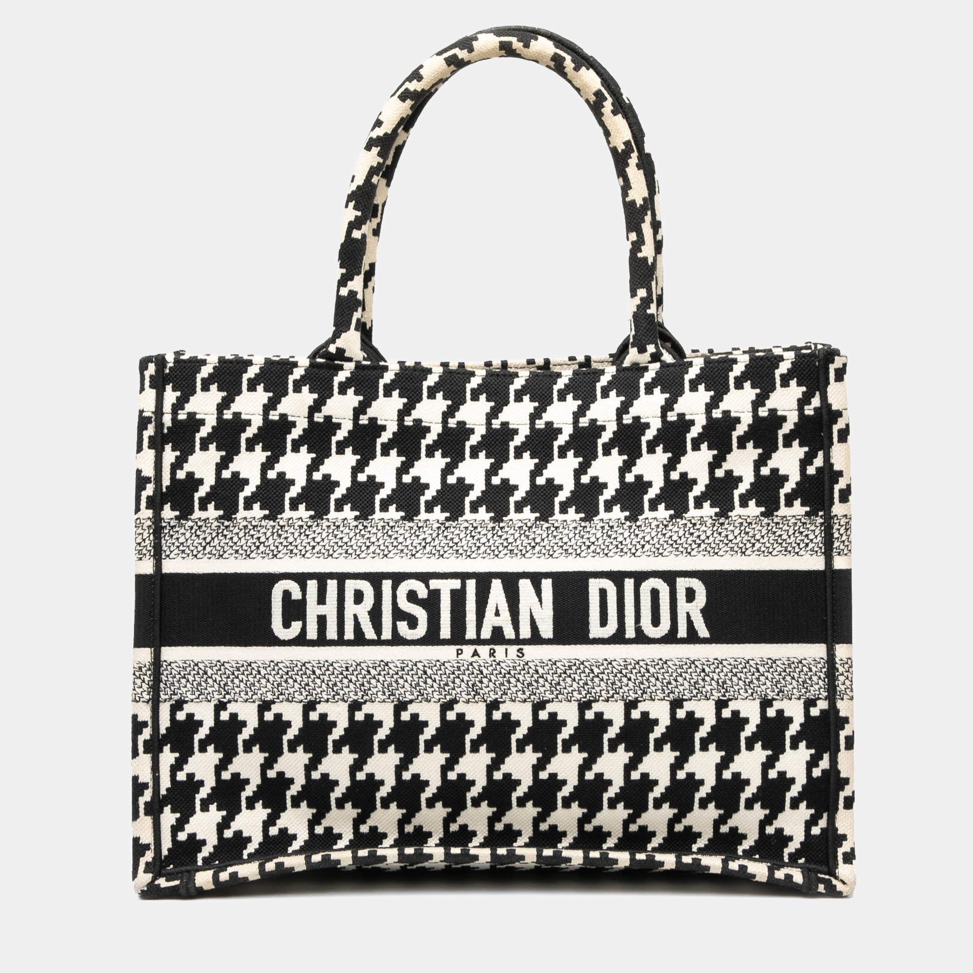 Pre Owned Dior Black White Medium Canvas Houndstooth Embroidered Book Tote