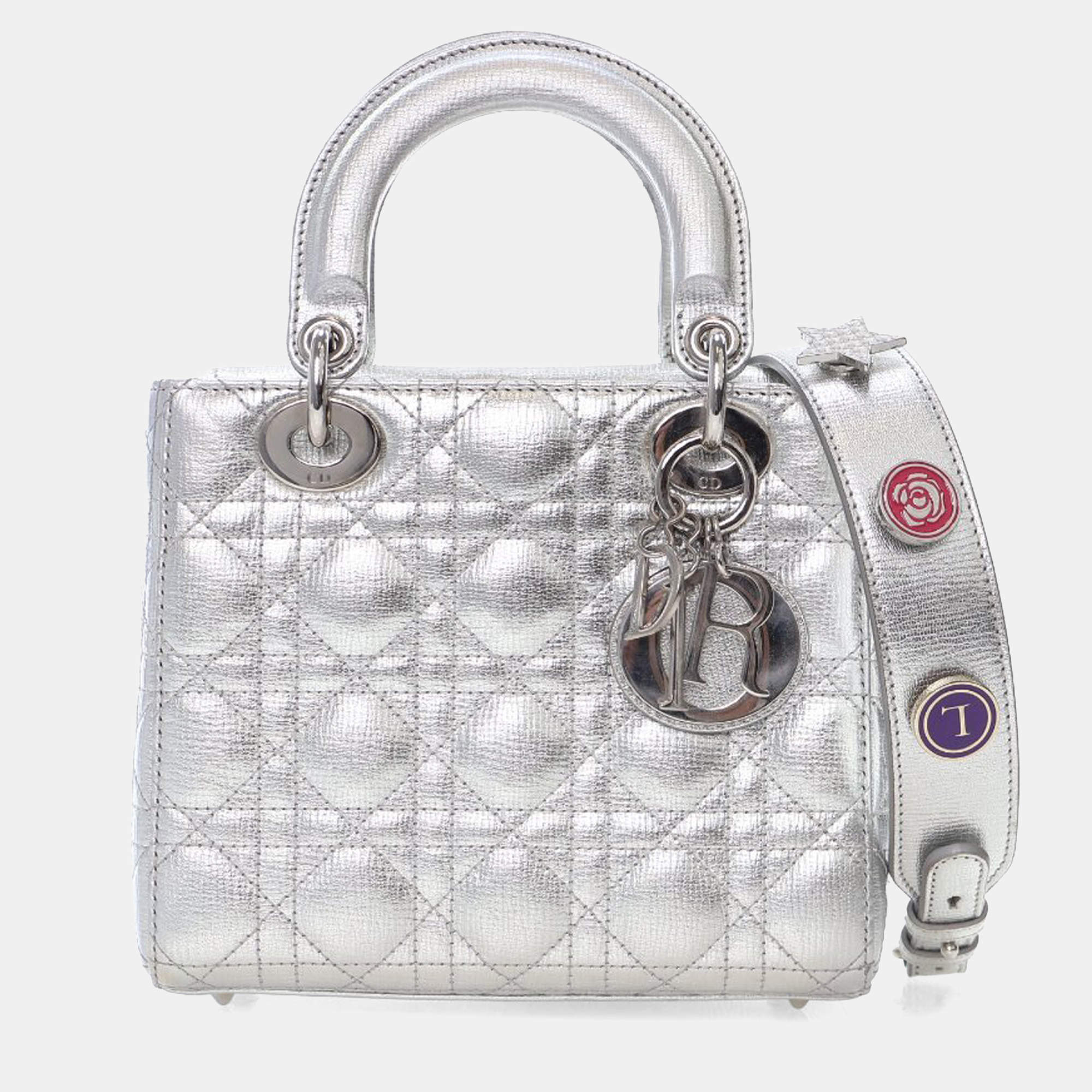 Pre Owned Dior Silver Small Metallic Grained Calfskin Cannage My ABCDior Lady Dior
