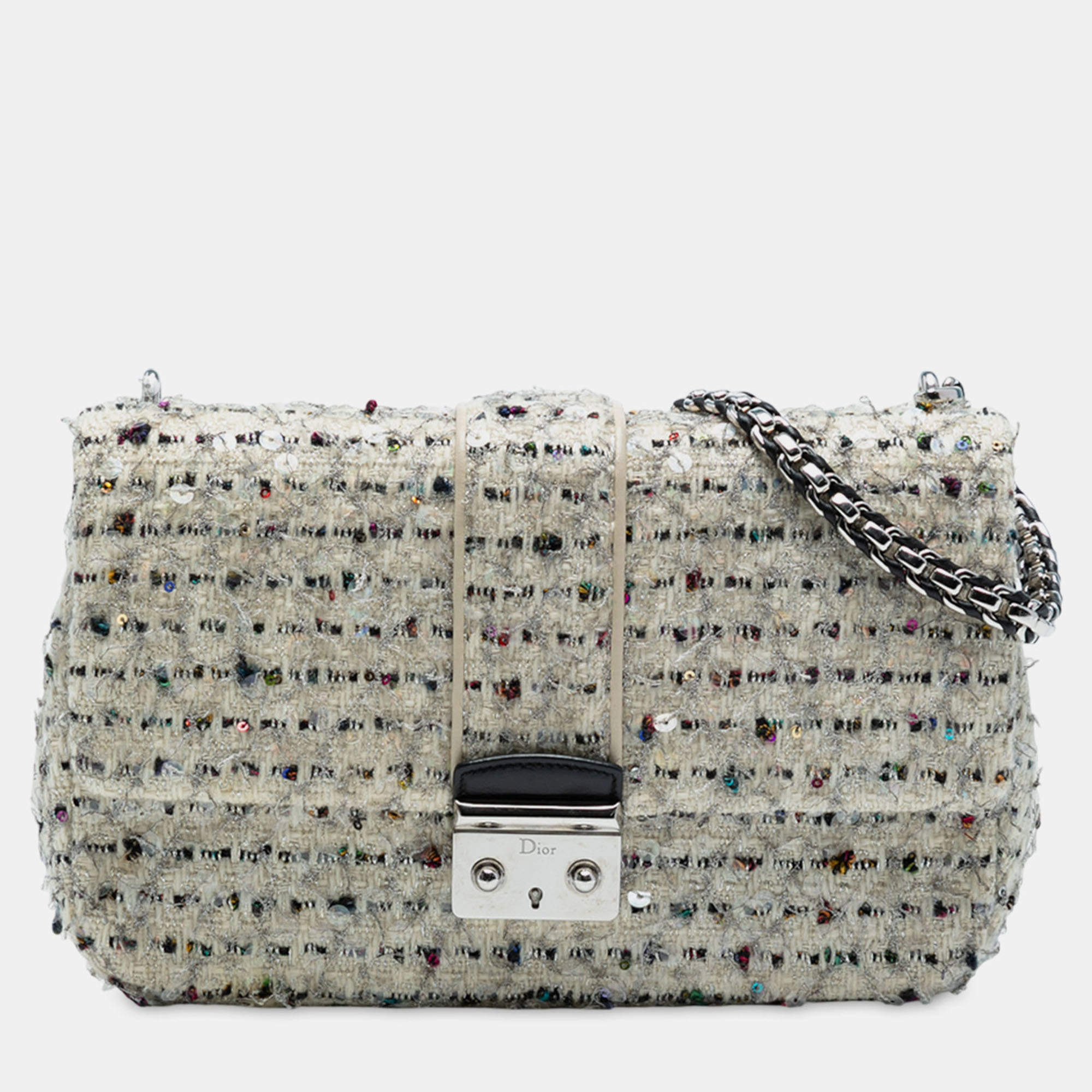 Pre Owned Dior White Medium Tweed Miss Dior Flap