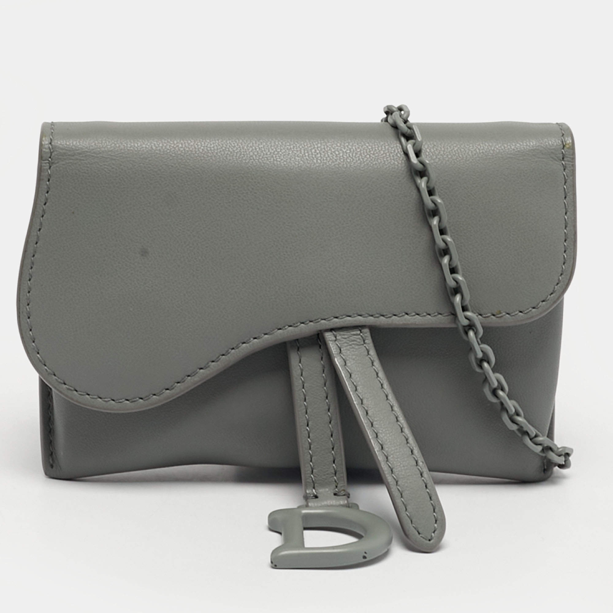 Pre Owned Dior Grey Ultra Matte Leather Nano Saddle Chain Pouch