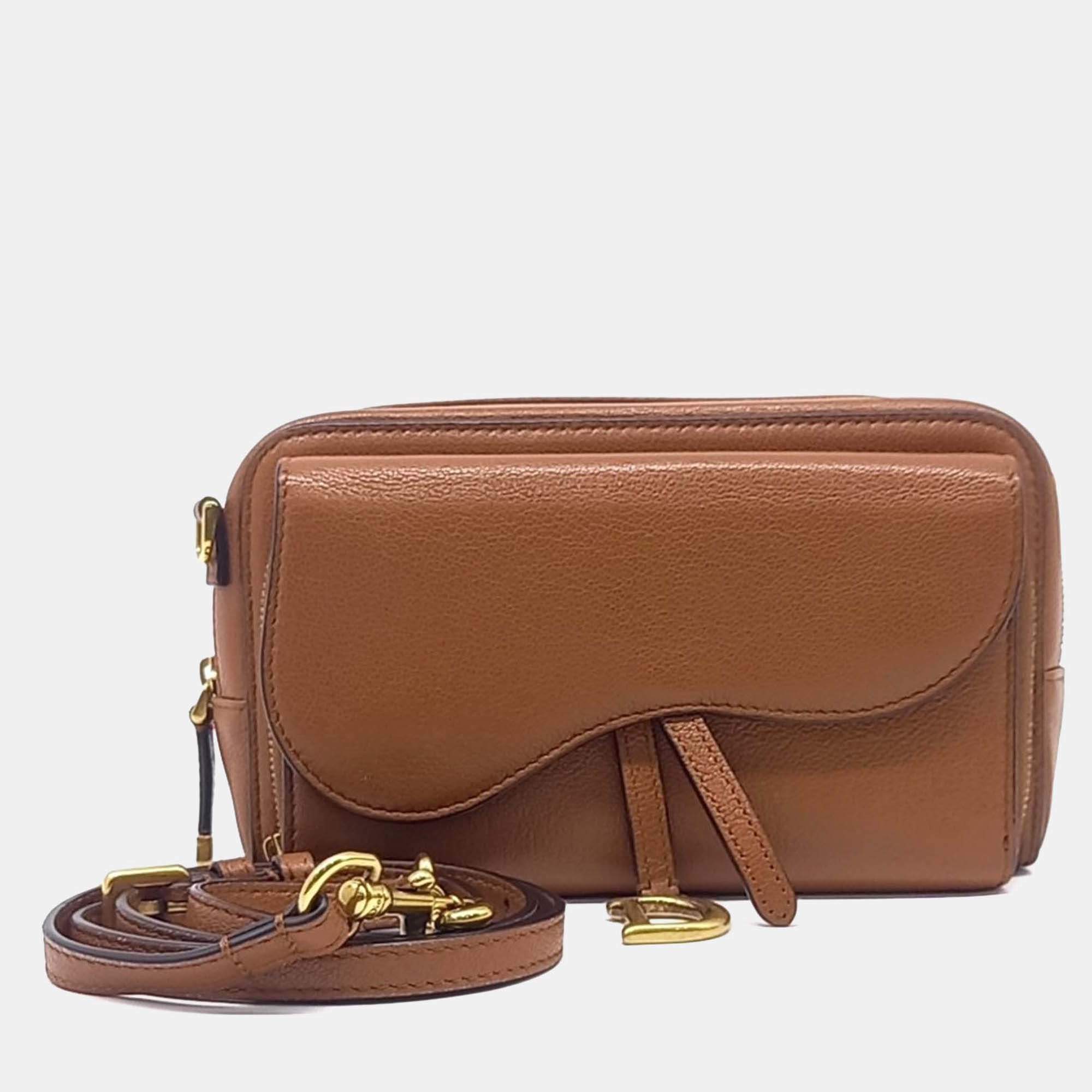 Pre Owned Dior Brown Leather Saddle Double Pouch