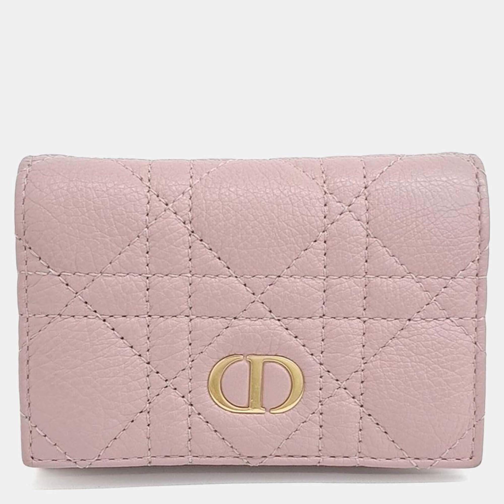 Pre Owned Dior Pink Leather Caro Card Holder