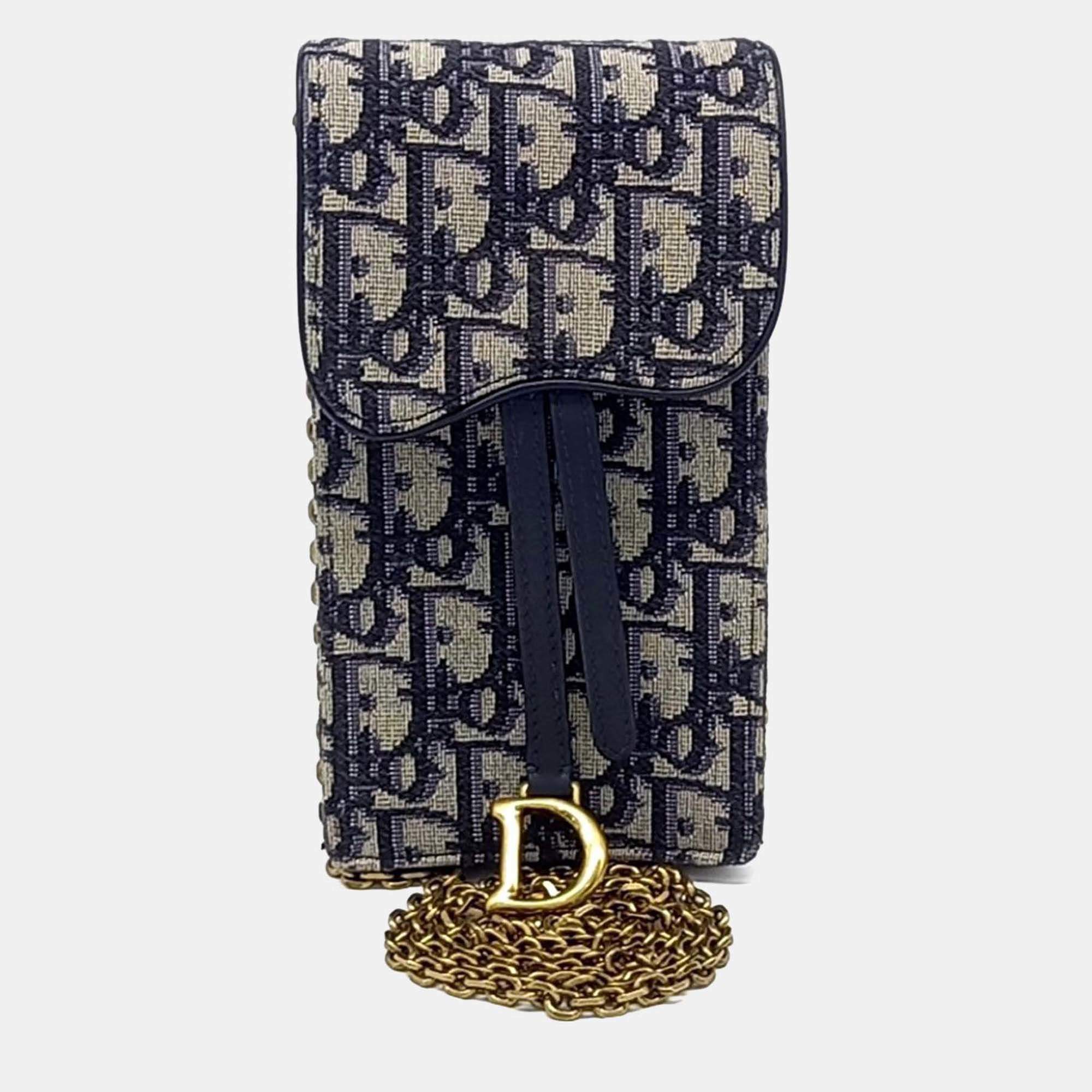 Pre Owned Dior Navy Blue Fabric Oblique Chain Crossbody Bag