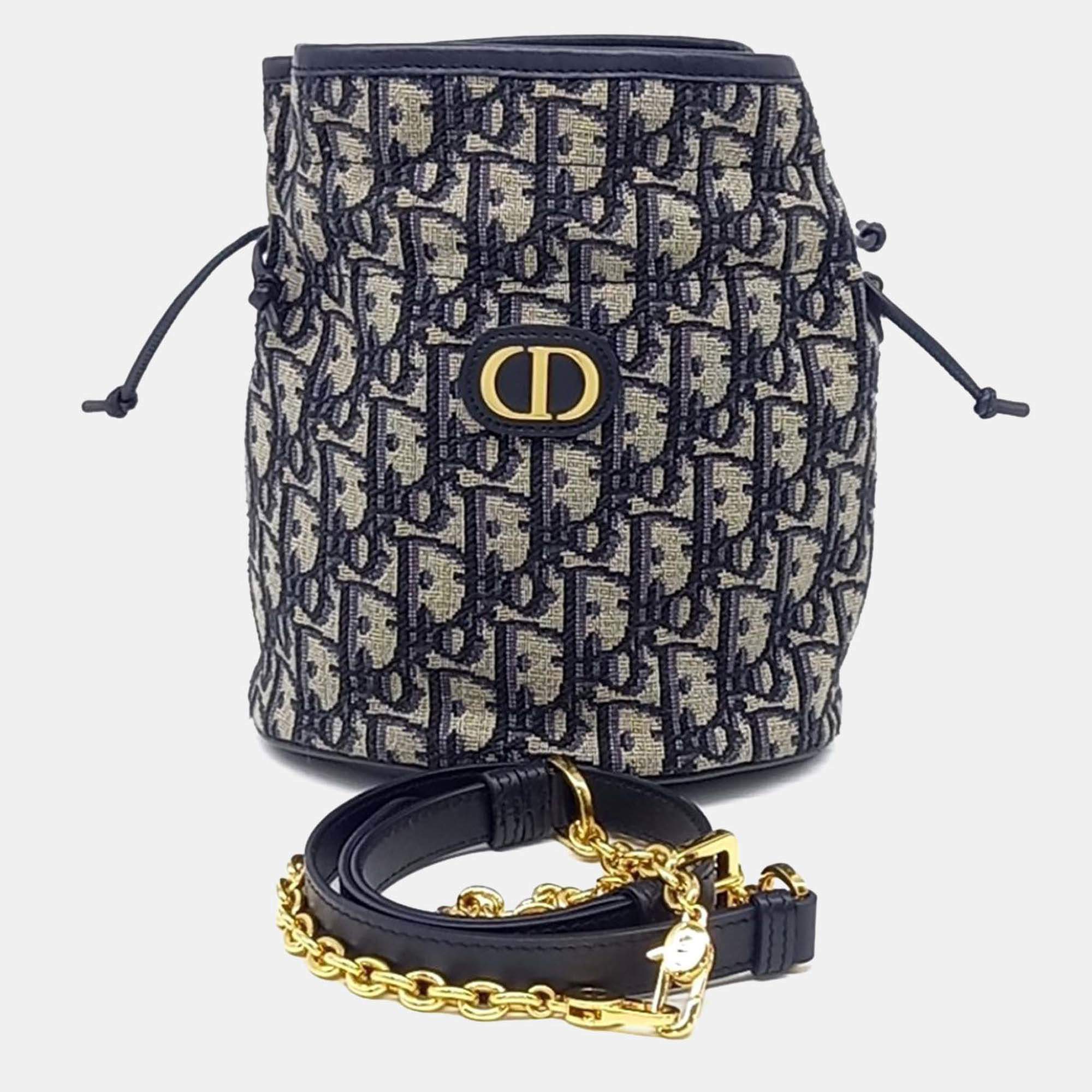 Pre Owned Dior Blue Canvas 30 Montaigne Drawstring Mini Bucket Bag