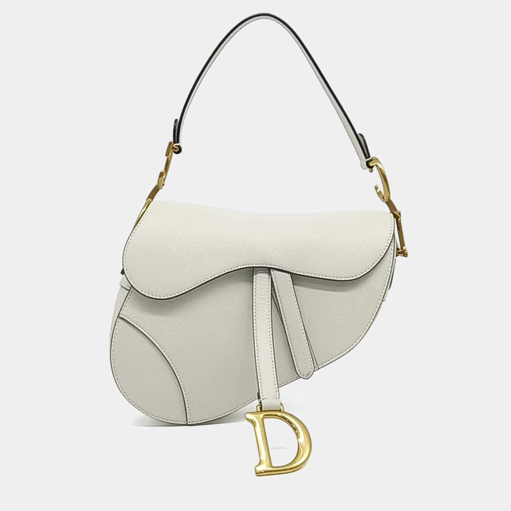 Pre Owned Dior White Leather Saddle Bag