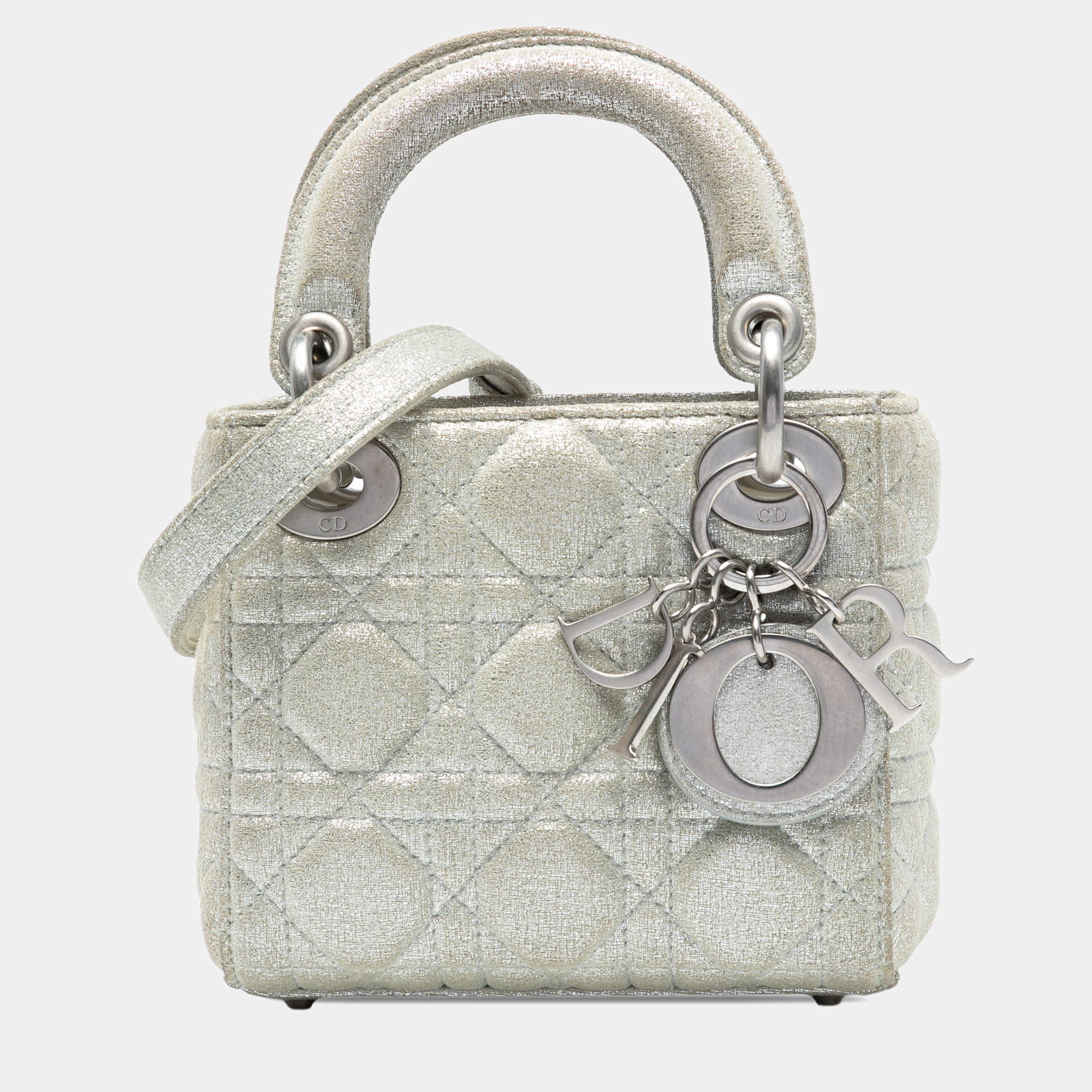 Pre Owned Dior Silver Micro Metallic Calfskin Cannage Lady Dior