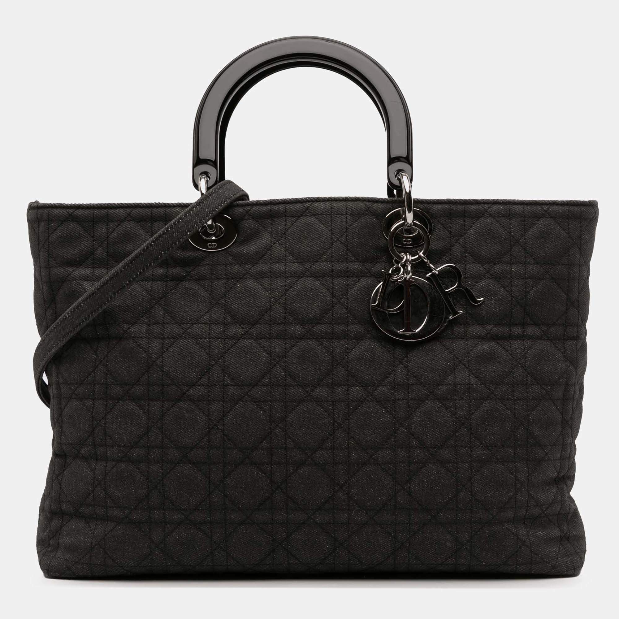 Pre Owned Dior Black Extra Large Denim Cannage Lady Dior