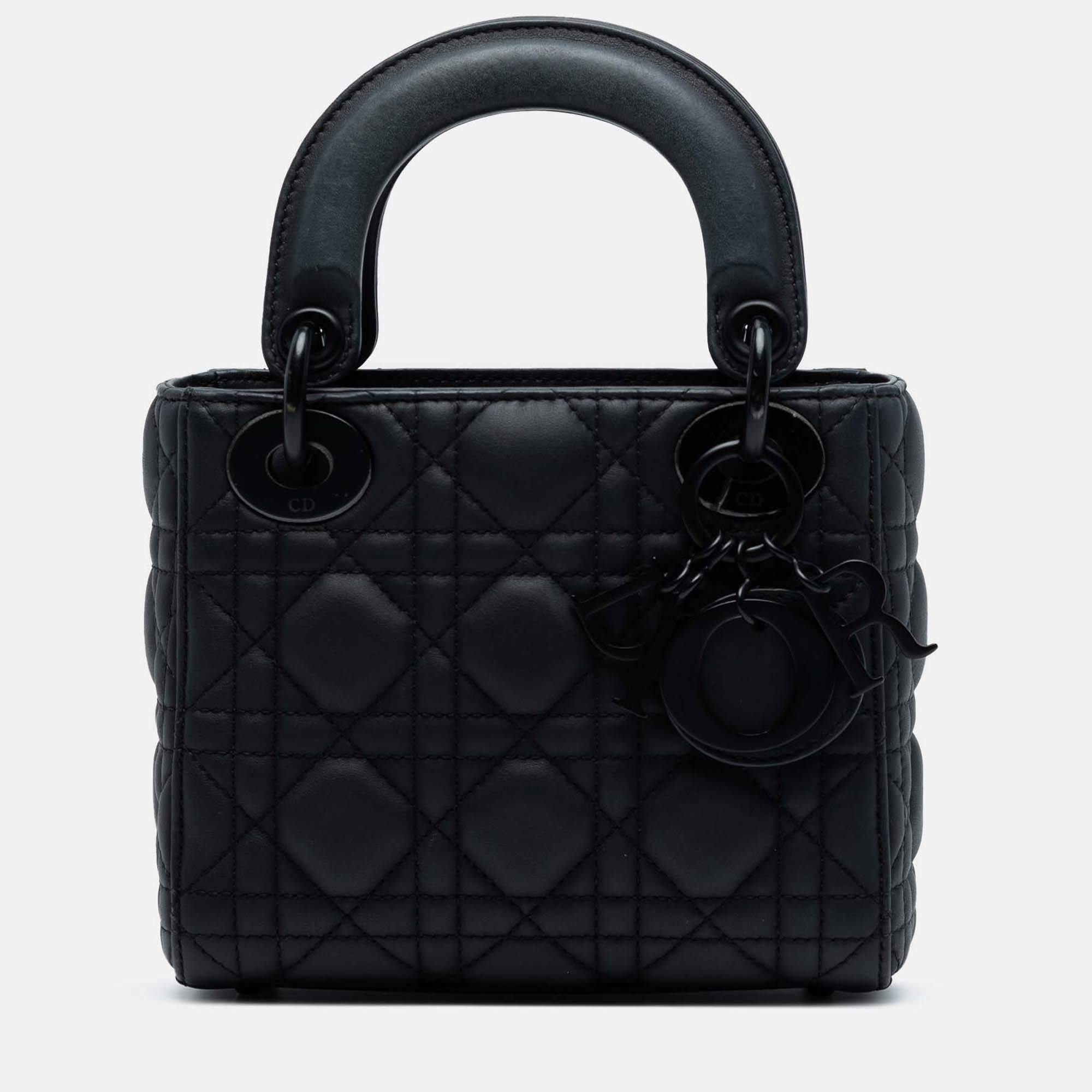 Pre Owned Dior Black Mini Ultra Matte Calfskin Cannage Lady Dior