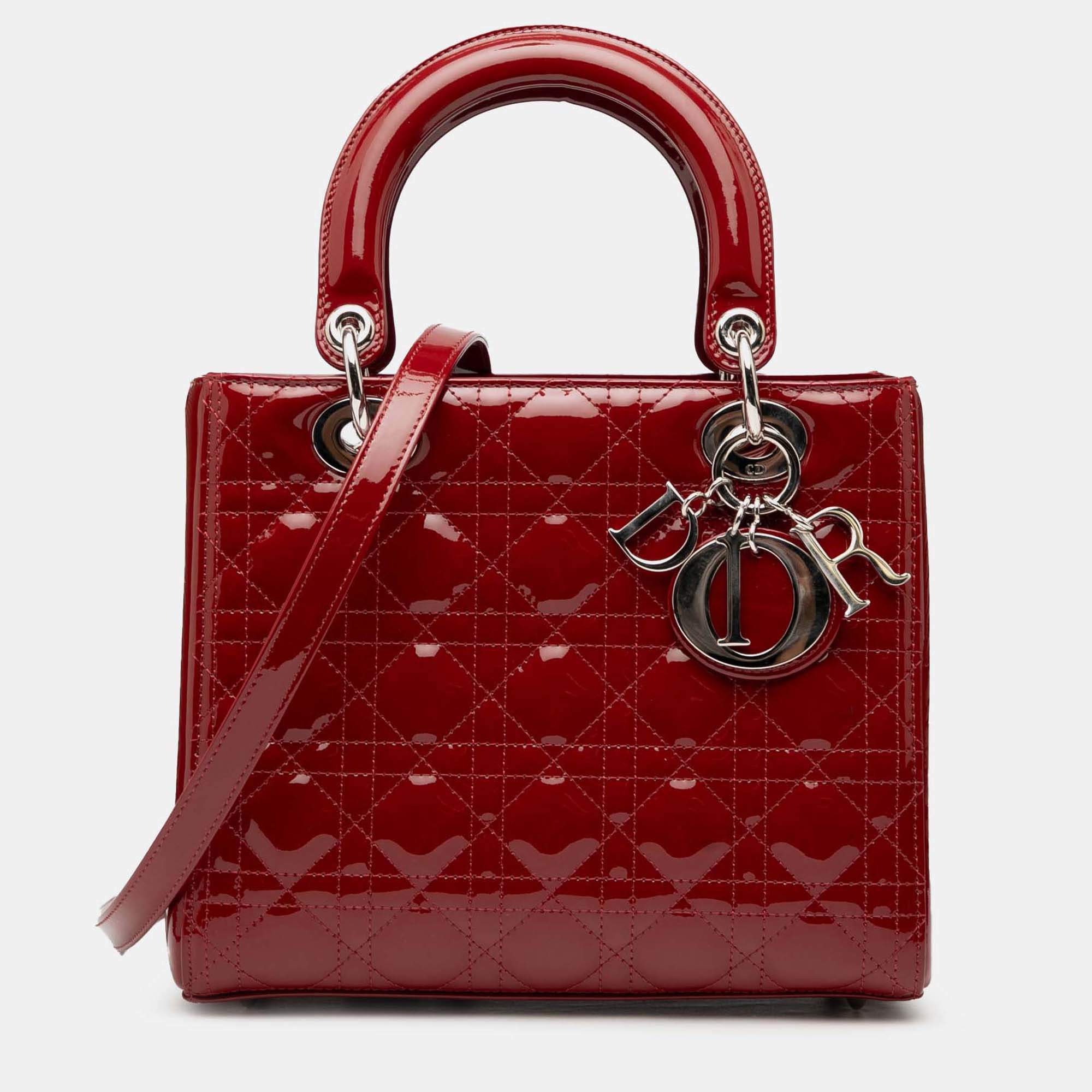 Pre Owned Dior Red Medium Patent Cannage Lady Dior