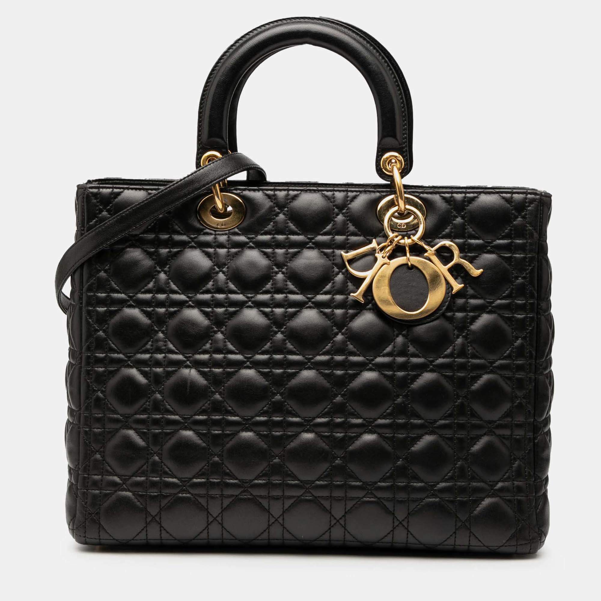 Pre Owned Dior Black Large Lambskin Cannage Lady Dior